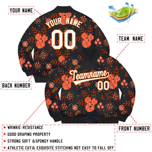 Custom Black White-Orange Flowers Graffiti Pattern Bomber Varsity Jacket