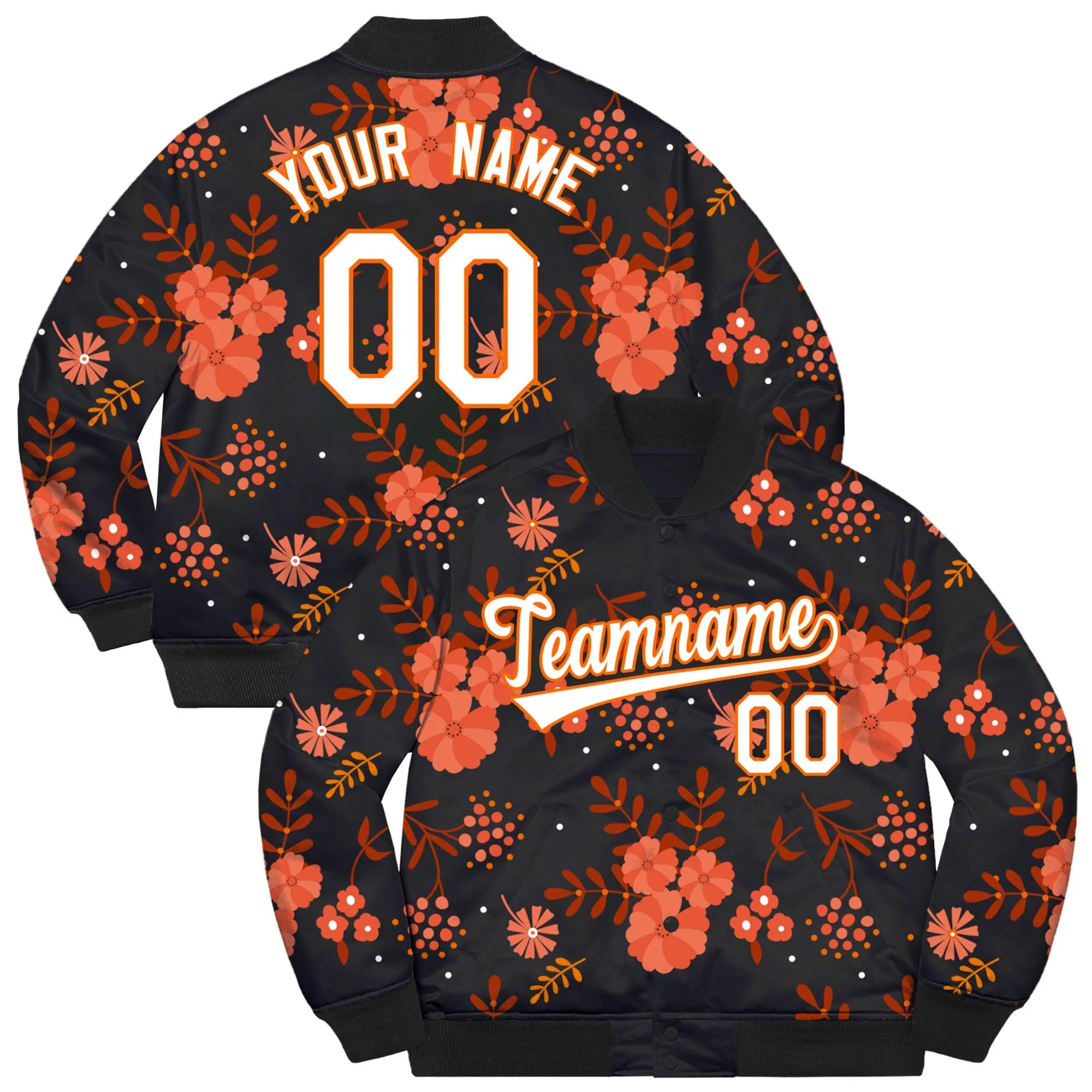 Custom Black White-Orange Flowers Graffiti Pattern Bomber Varsity Jacket