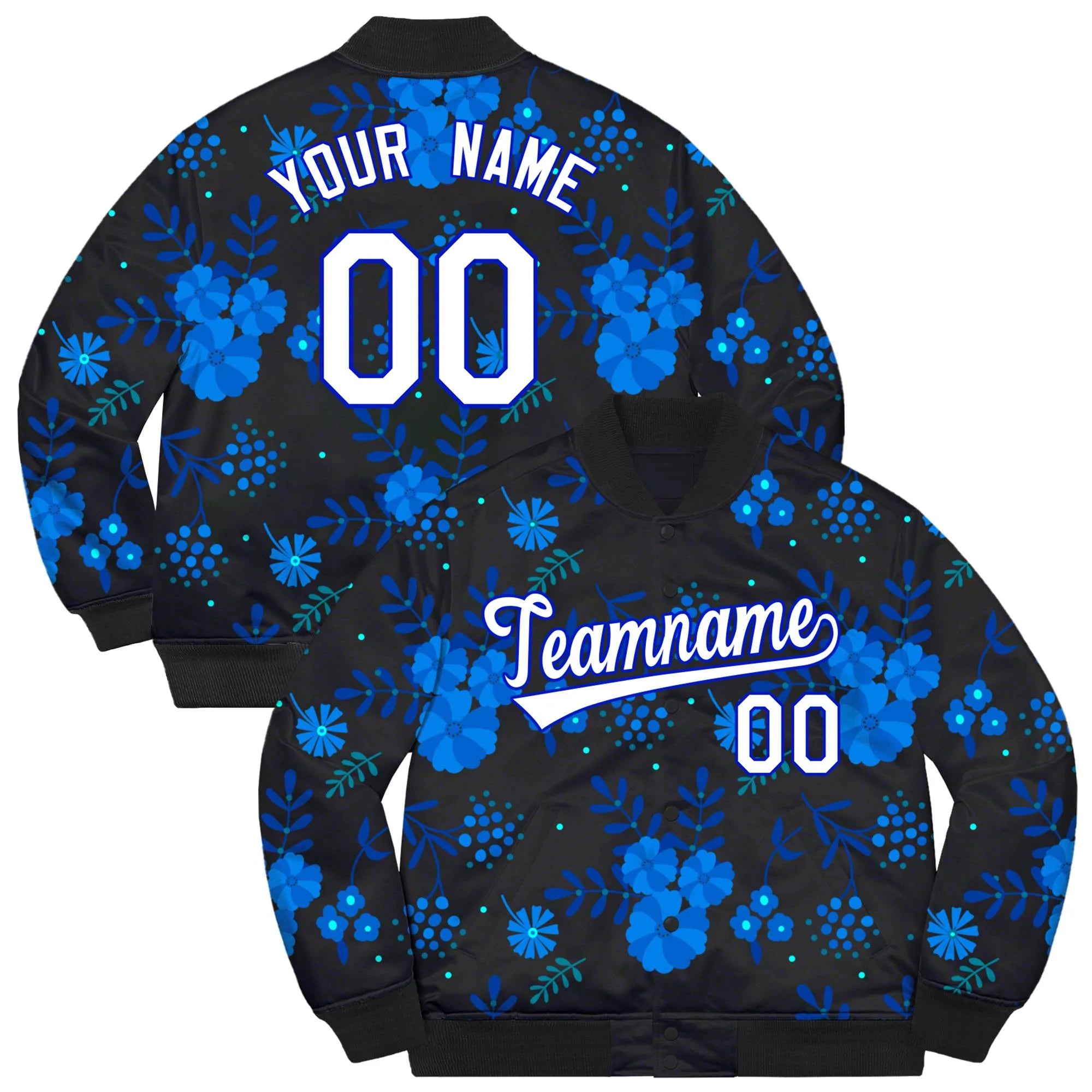 Custom Black White-Royal Flowers Graffiti Pattern Bomber Varsity Jacket