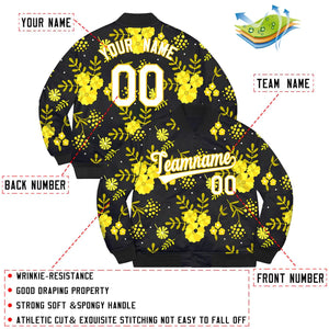 Custom Black White-Gold Flowers Graffiti Pattern Bomber Varsity Jacket