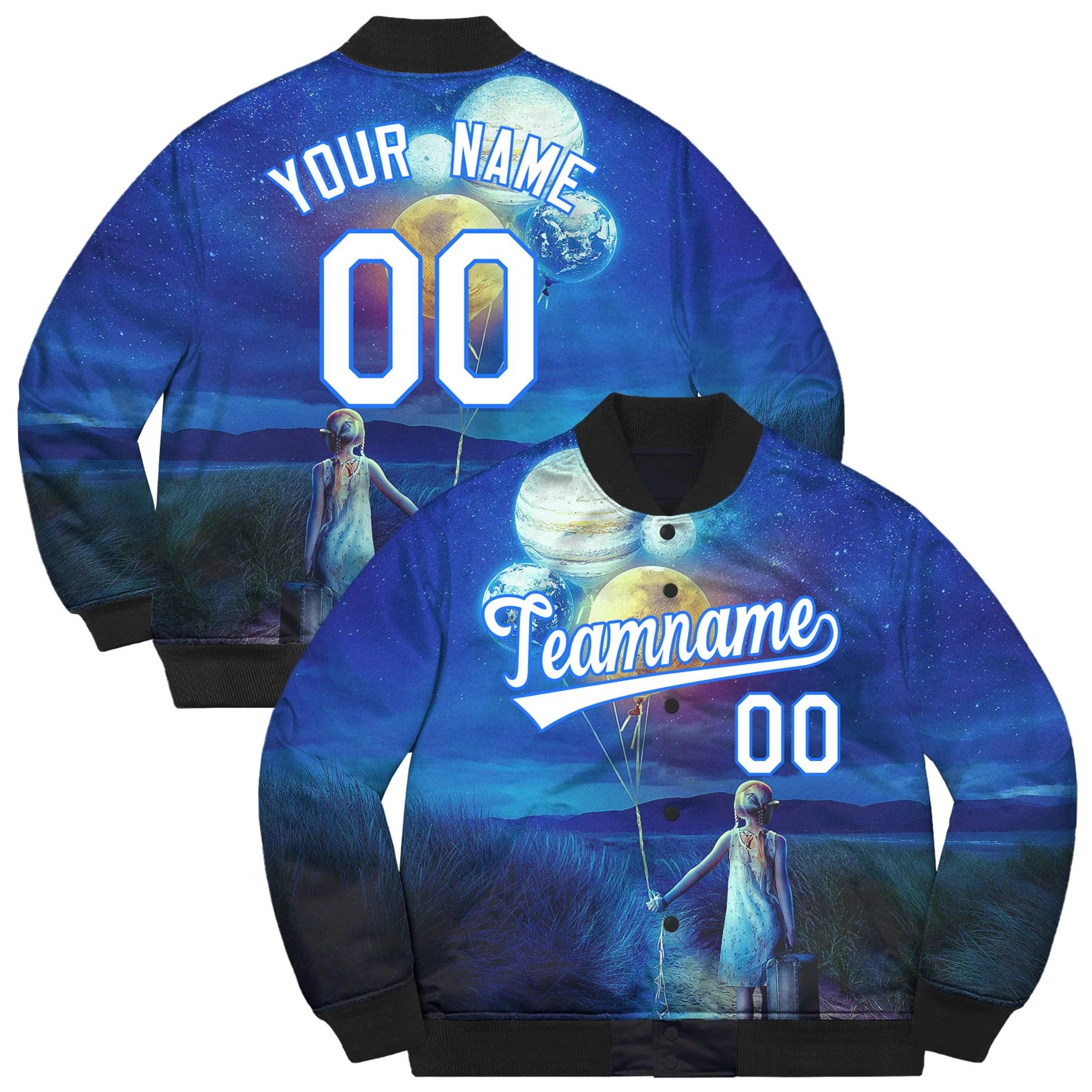 Custom White Powder Blue Starry Sky Graffiti Pattern Bomber Varsity Jacket