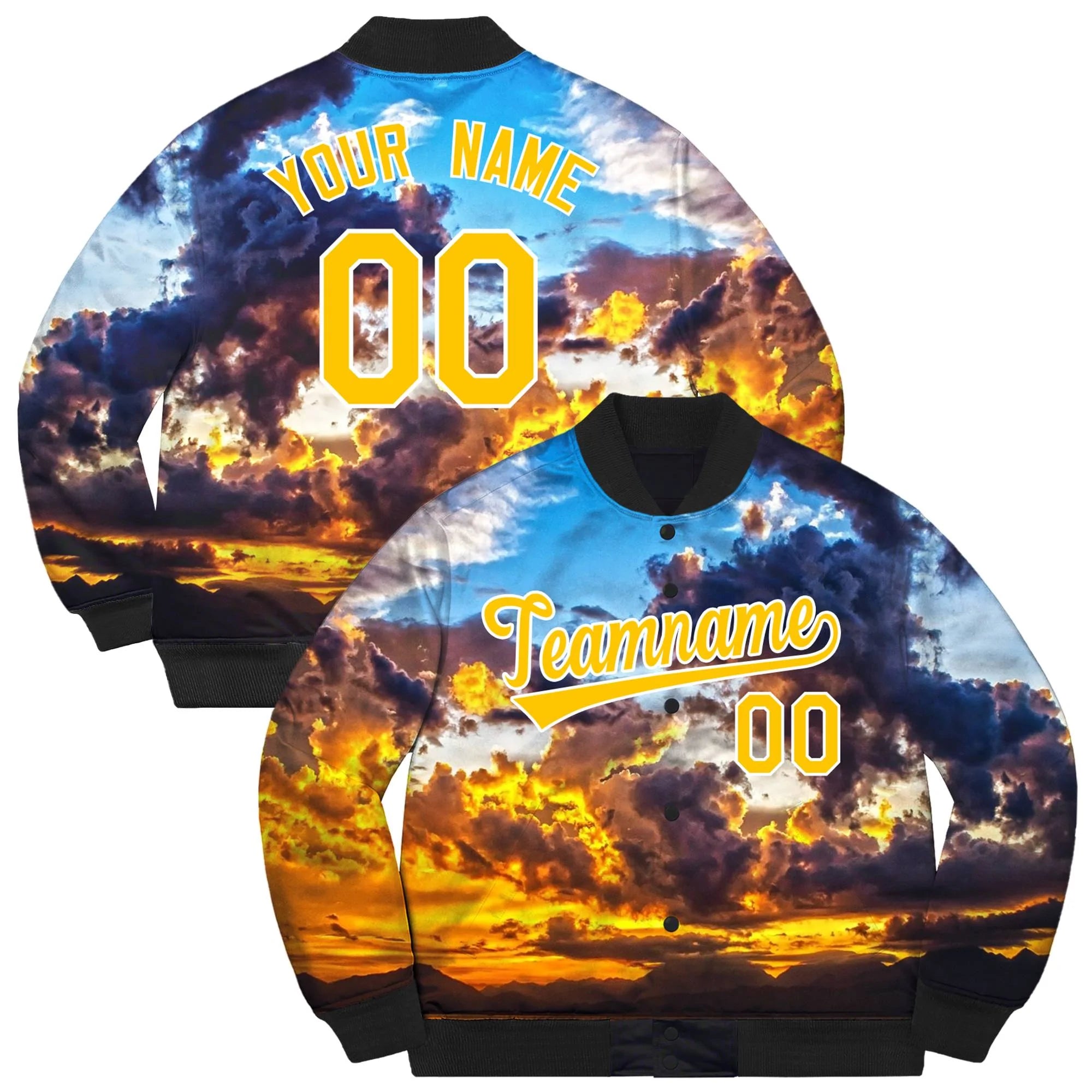 Custom Gold White Clouds Graffiti Pattern Bomber Varsity Full-Snap Jacket