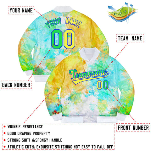 Custom Neon Green Gold-Royal Splashes Graffiti Pattern Varsity Jacket for Team