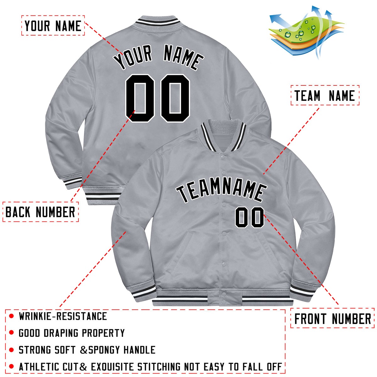 Custom Gray Black-White Letterman Solider Classic Style Varsity Full-Snap Jacket