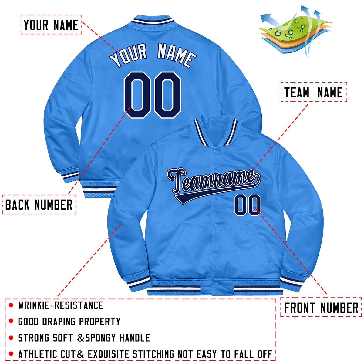 Custom Sky Blue Navy-White Letterman Solider Classic Style Varsity Full-Snap Jacket