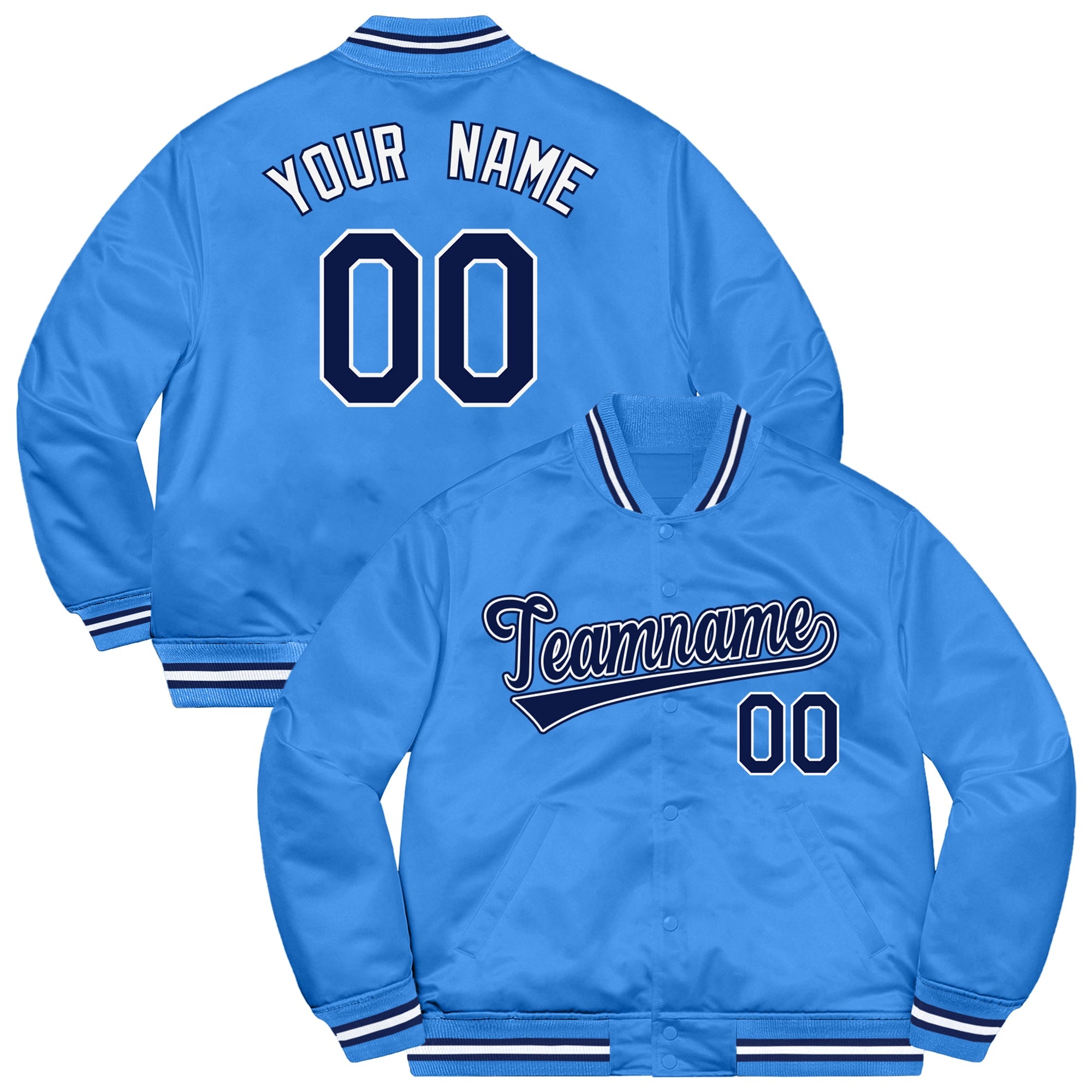 Custom Sky Blue Navy-White Letterman Solider Classic Style Varsity Full-Snap Jacket