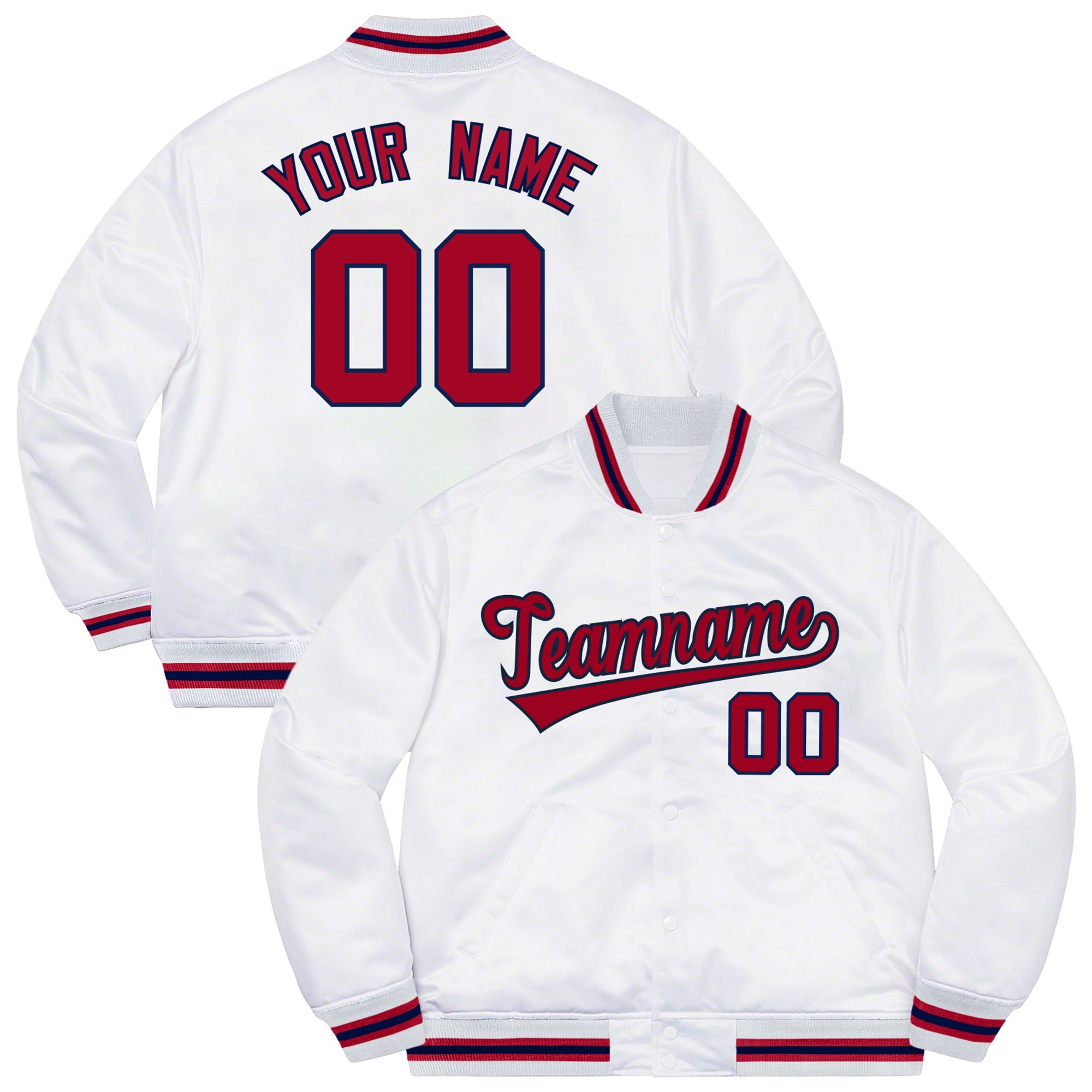 Custom White Red-Navy Letterman Solider Classic Style Varsity Full-Snap Jacket