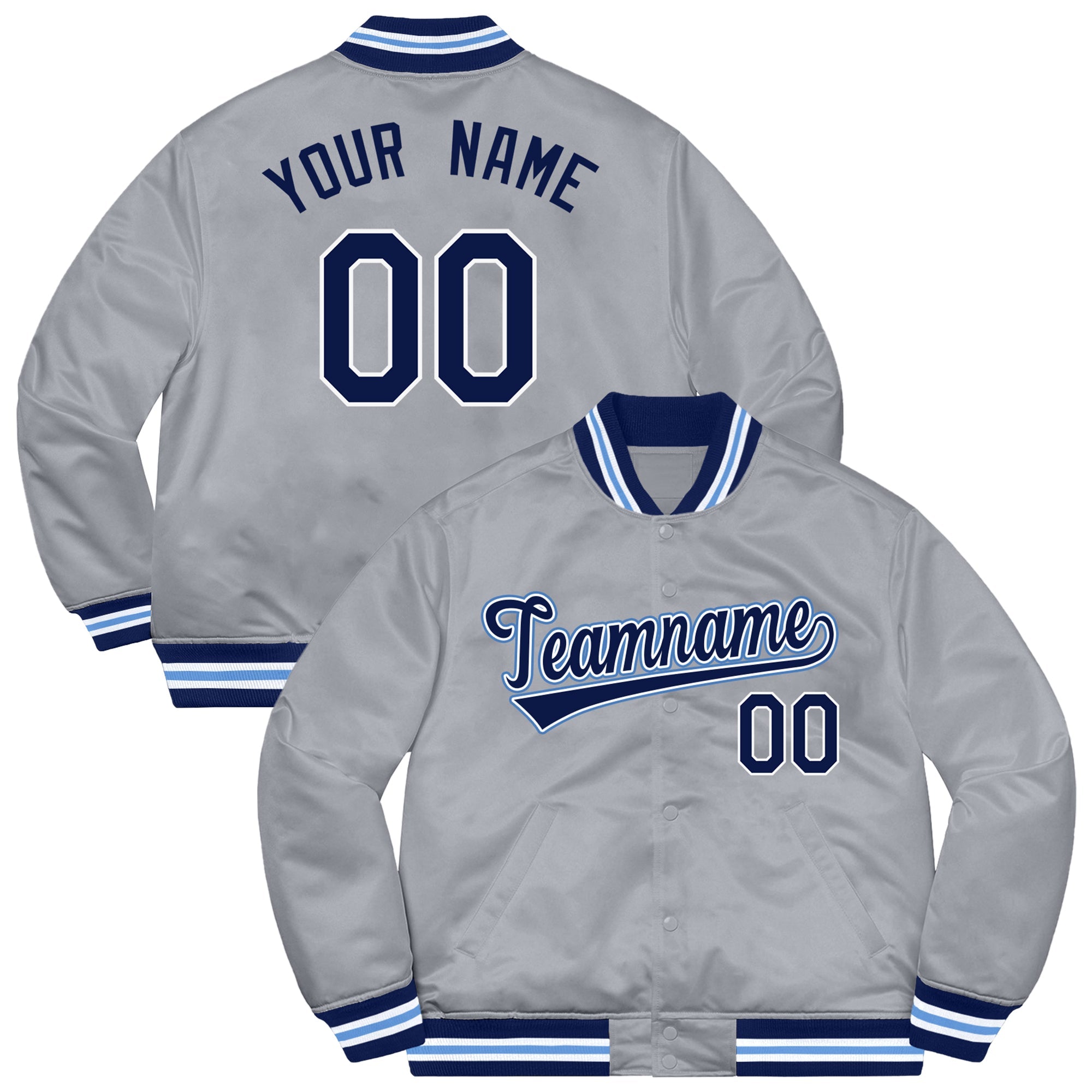 Custom Gray Navy-Light Blue Letterman Solider Classic Style Varsity Full-Snap Jacket