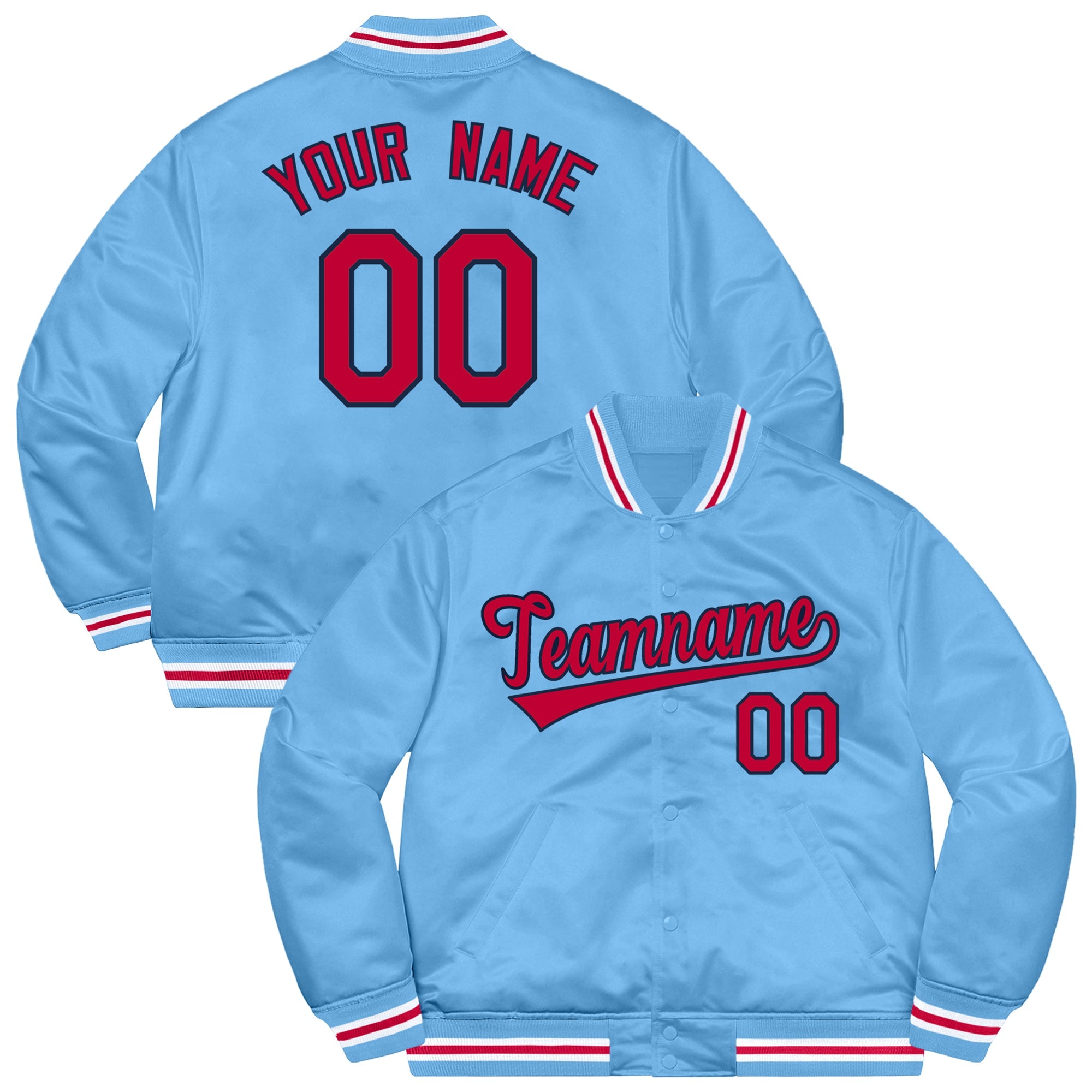 Custom Light Blue Red-White Letterman Solider Classic Style Varsity Full-Snap Jacket