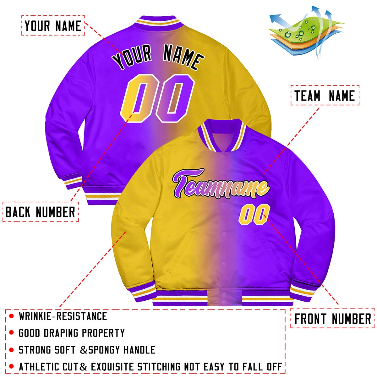 Custom Purple Gold-Black Two Tone Gradient Fashion Letterman Bomber Varsity Jacket