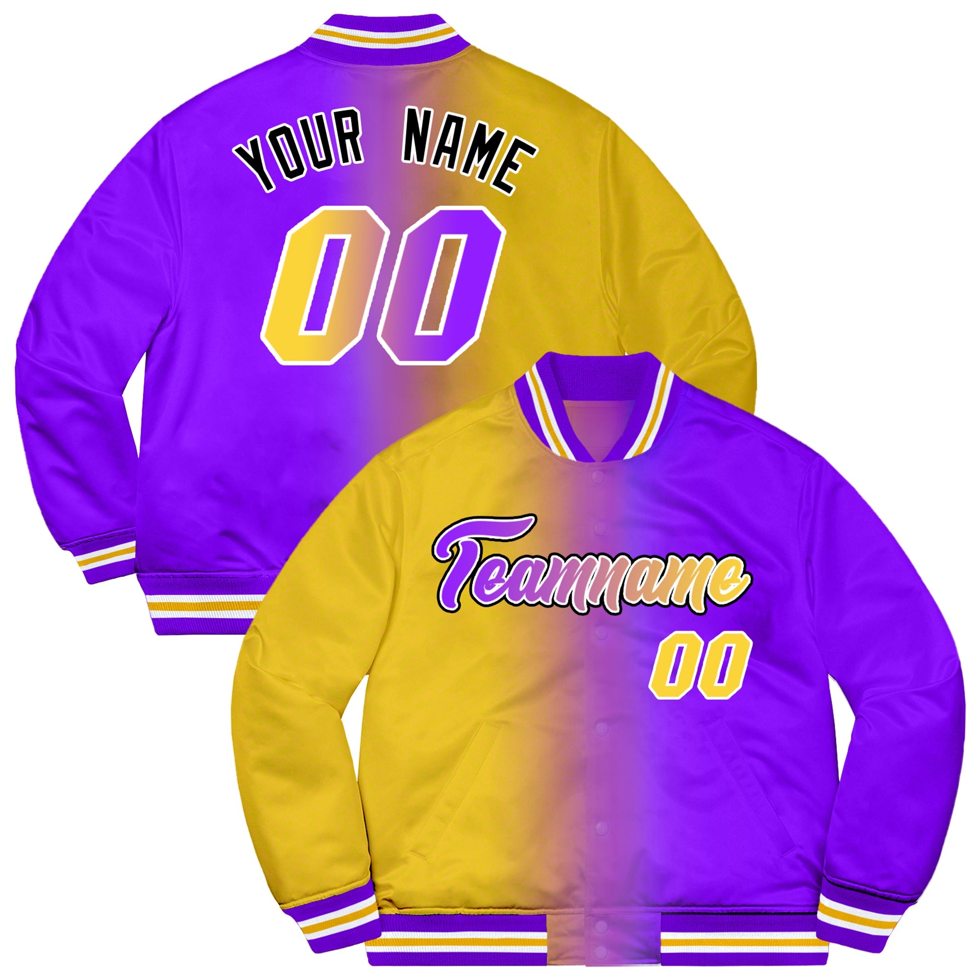 Custom Purple Gold-Black Two Tone Gradient Fashion Letterman Bomber Varsity Jacket