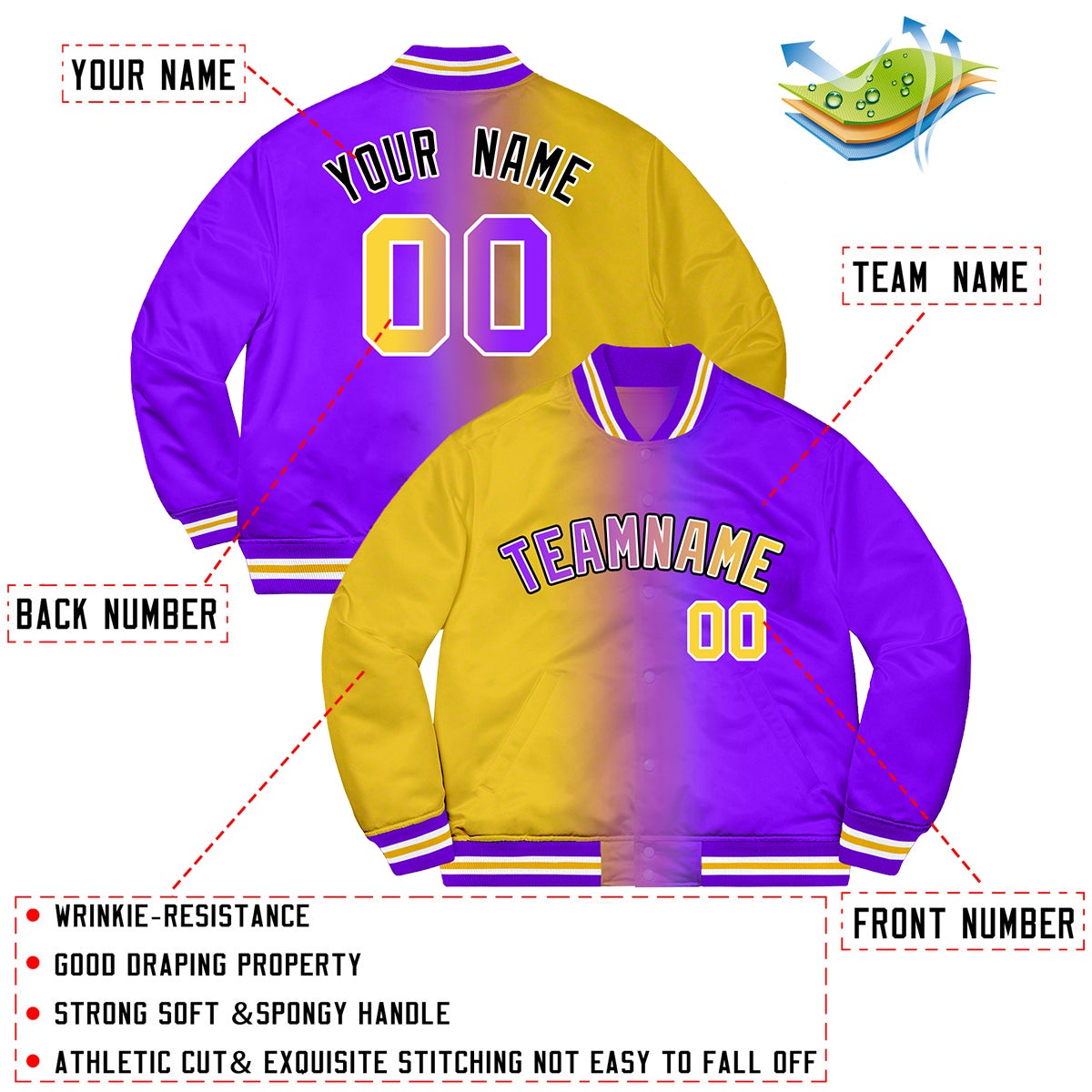 Custom Purple Gold-Black Two Tone Gradient Fashion Letterman Bomber Varsity Jacket