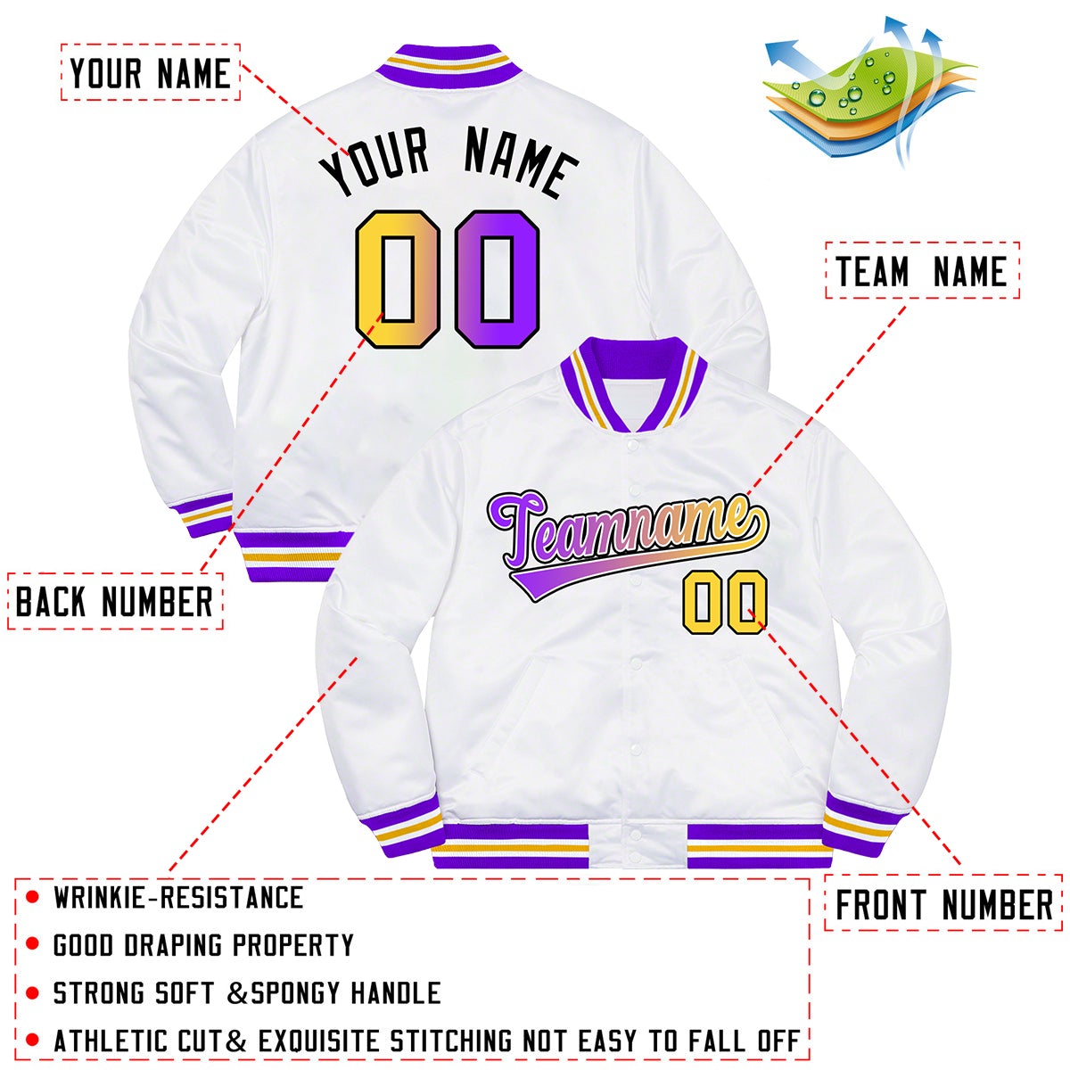 Custom White Purple-Black Solid Gradient Fashion Letterman Bomber Varsity Jacket