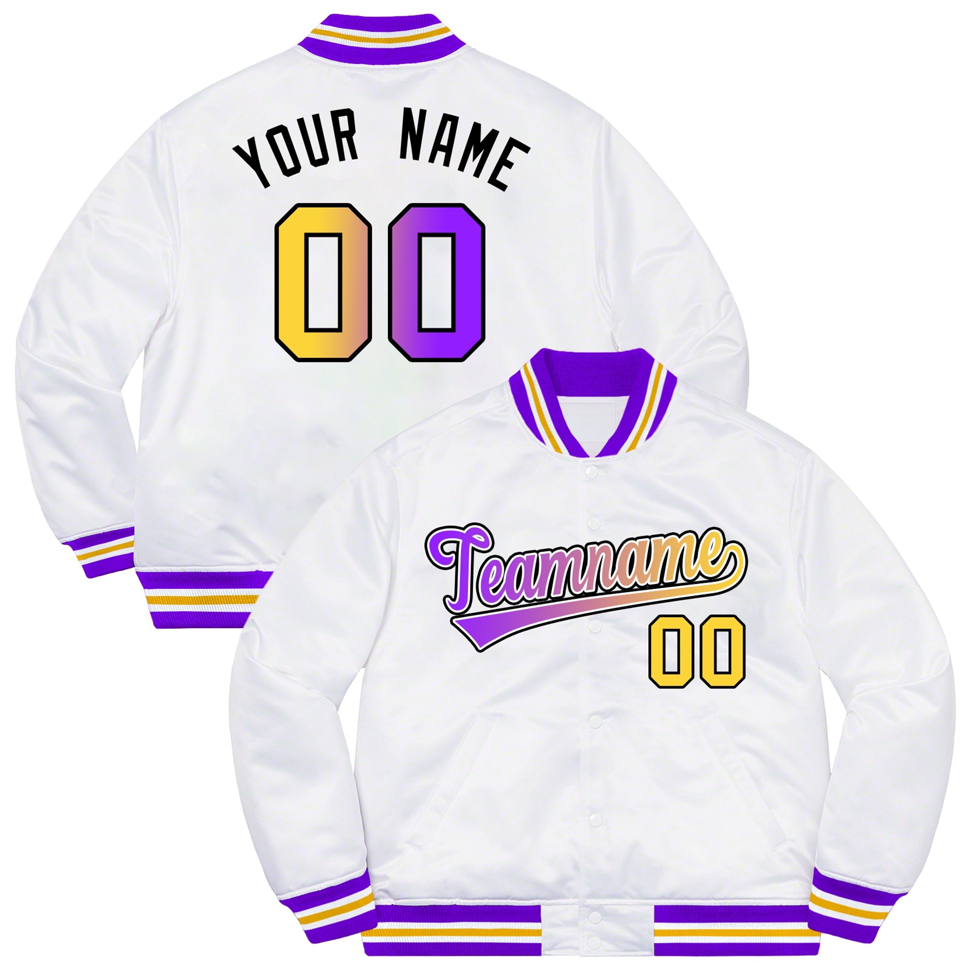 Custom White Purple-Black Solid Gradient Fashion Letterman Bomber Varsity Jacket