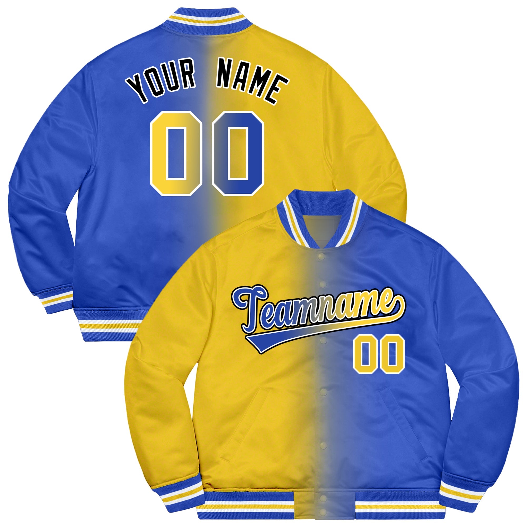 Custom Royal Gold-Black Two Tone Gradient Fashion Letterman Bomber Varsity Jacket