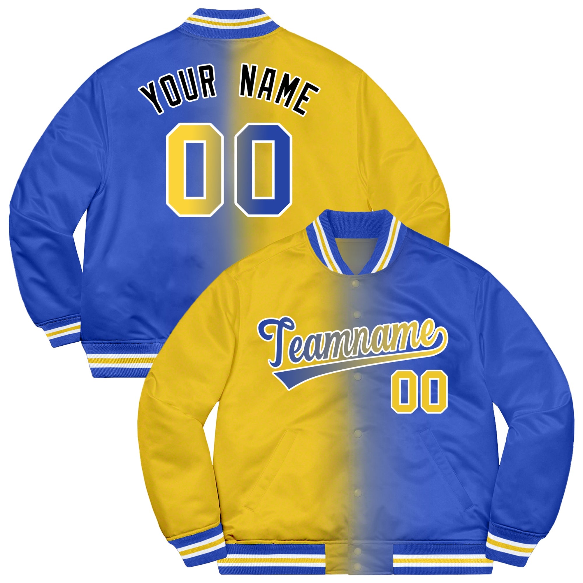 Custom Royal Gold-White Two Tone Gradient Fashion Letterman Bomber Varsity Jacket