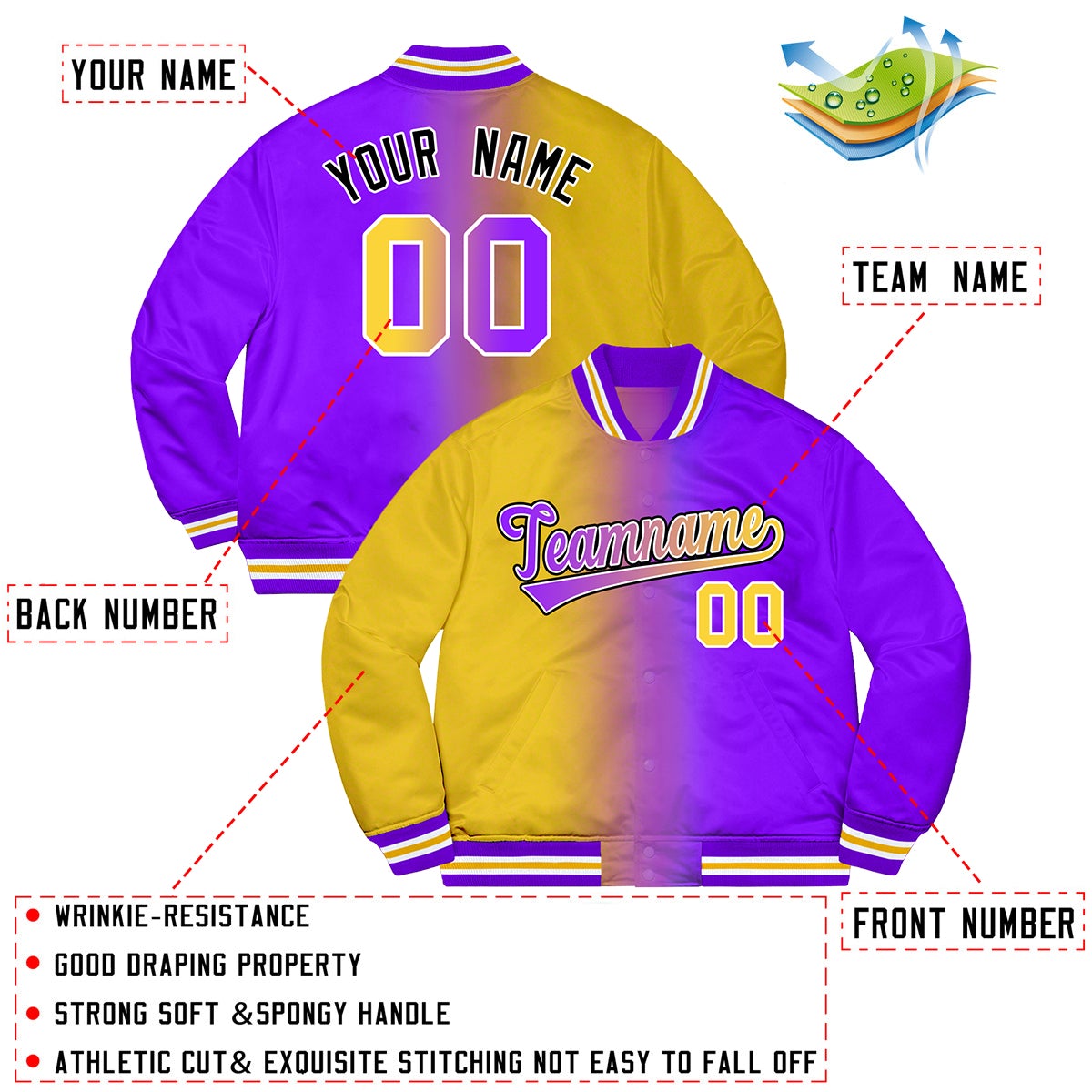 Custom Purple Gold-Black Two Tone Gradient Fashion Letterman Bomber Varsity Jacket