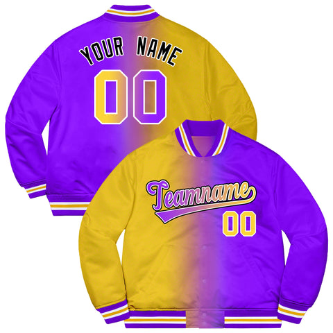 Custom Purple Gold-Black Two Tone Gradient Fashion Letterman Bomber Varsity Jacket
