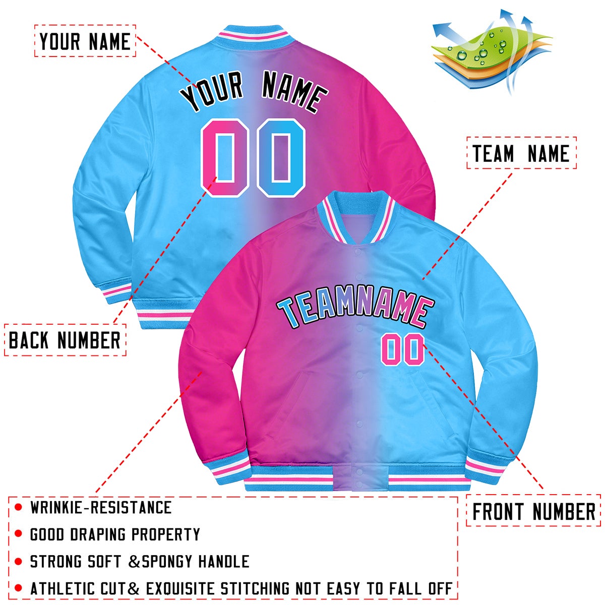 Custom Powder Blue Pink-Black Two Tone Gradient Fashion Full-Snap Letterman Jacket