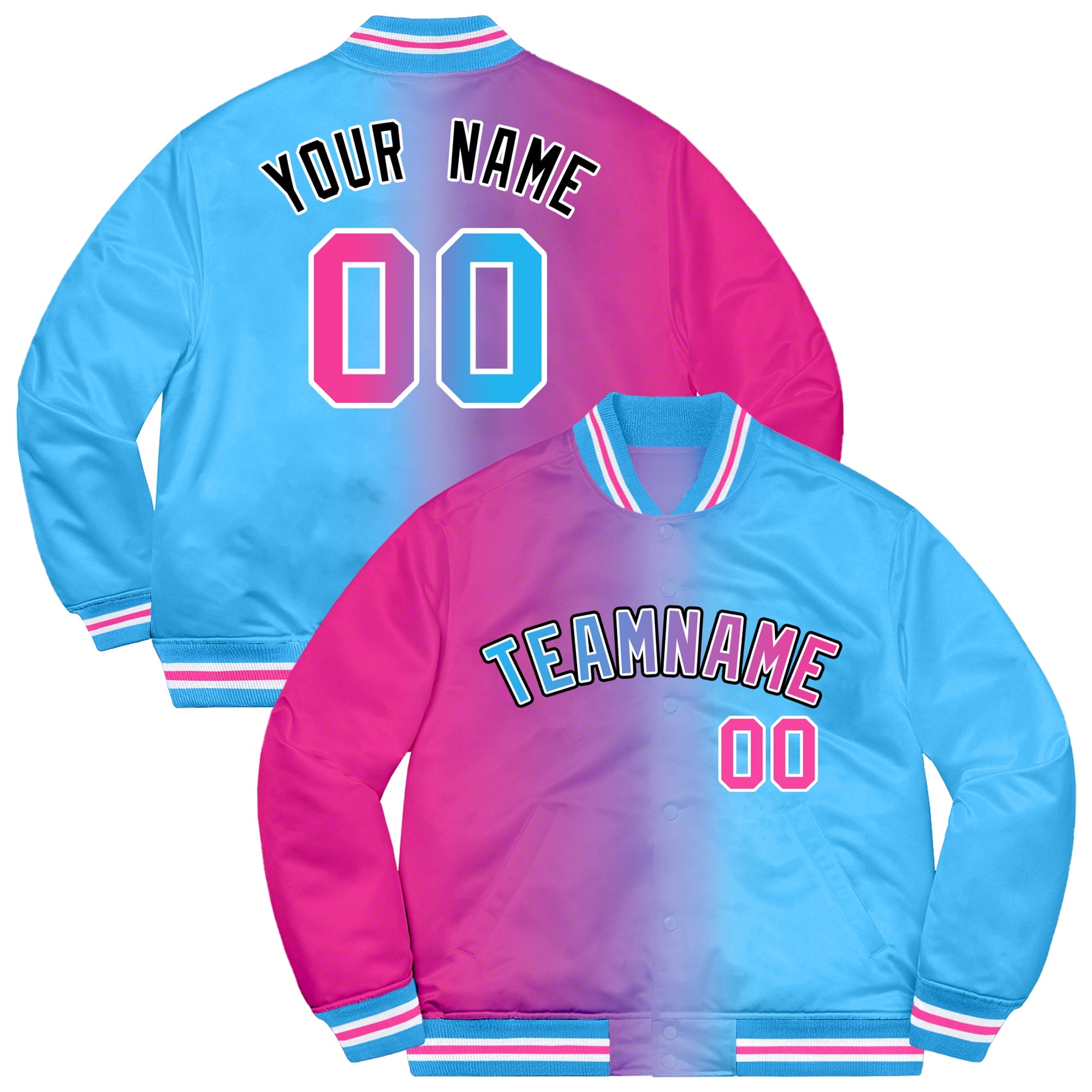 Custom Powder Blue Pink-Black Two Tone Gradient Fashion Letterman Bomber Varsity Jacket