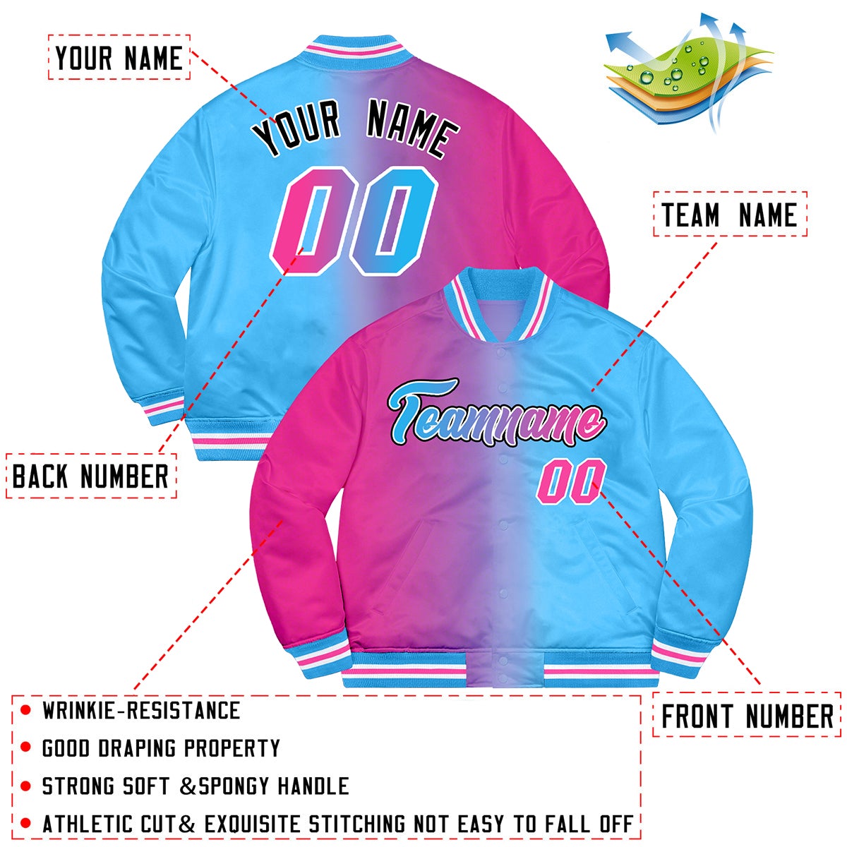 Custom Powder Blue Pink-Black Two Tone Gradient Fashion Bomber Jacket for Team