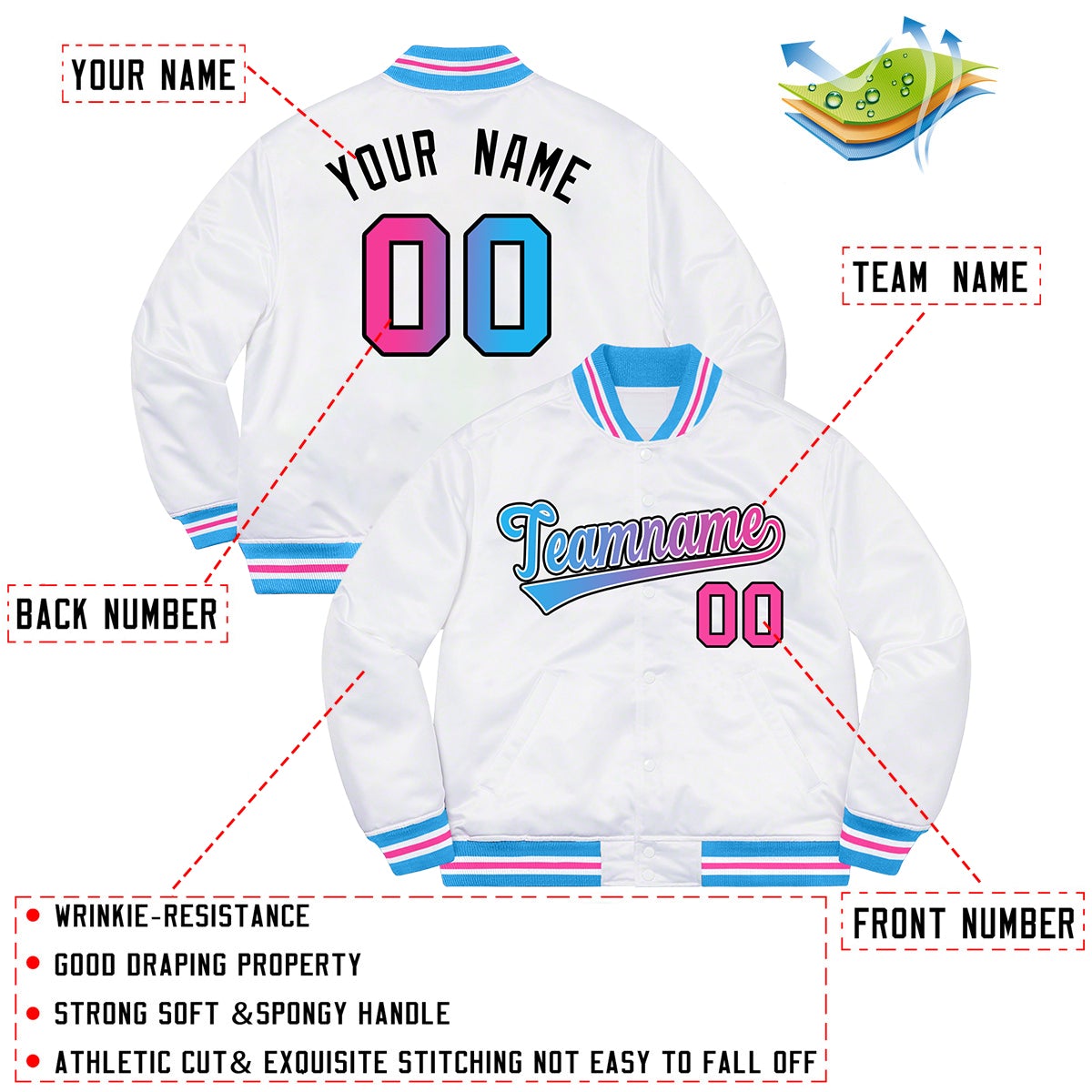 Custom White Powder Blue-Black Solid Gradient Fashion Letterman Bomber Varsity Jacket