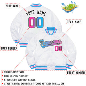 Custom White Powder Blue-Black Solid Gradient Fashion Letterman Bomber Varsity Jacket