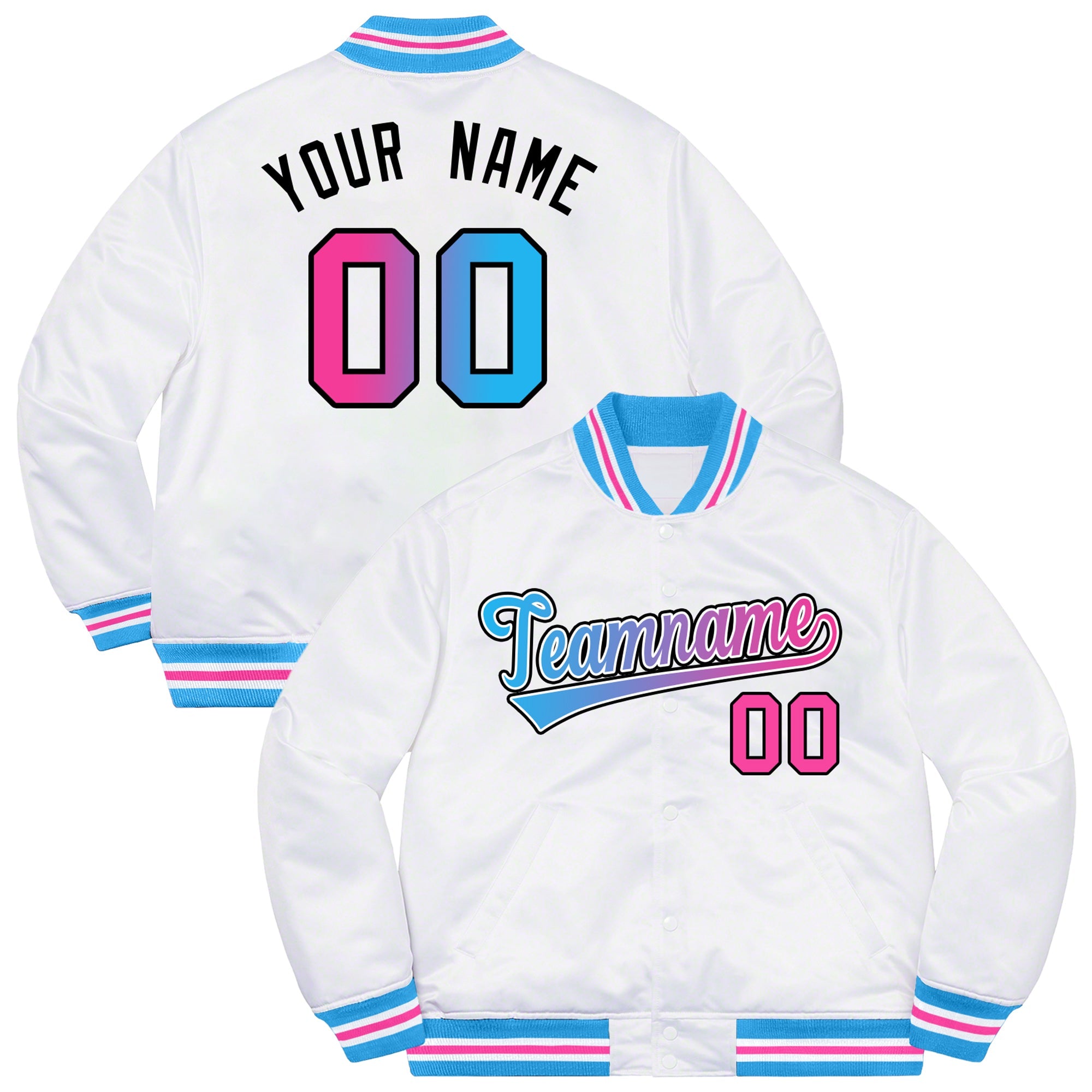 Custom White Powder Blue-Black Solid Gradient Fashion Letterman Bomber Varsity Jacket