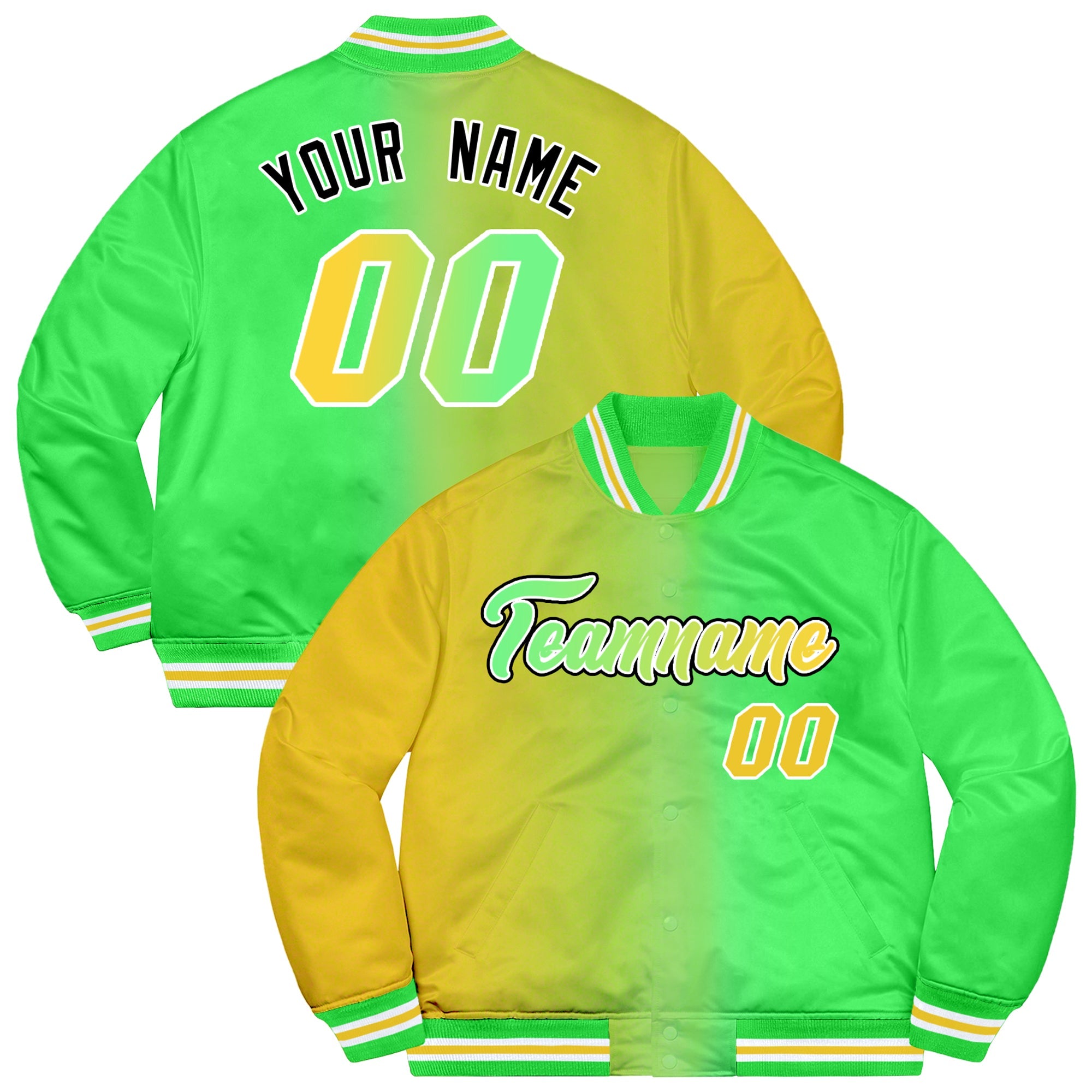 Custom Neon Green Gold-Black Two Tone Gradient Fashion Varsity Jacket for Team