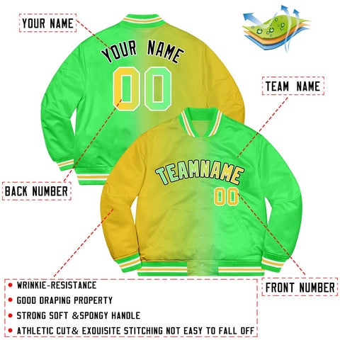 Custom Neon Green Gold-Black Two Tone Gradient Fashion Bomber Jacket for Team