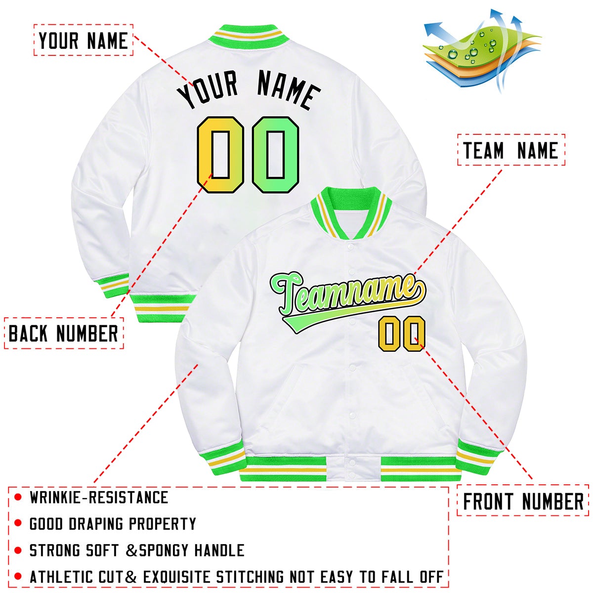 Custom White Neon Green-Black Solid Gradient Fashion Letterman Bomber Varsity Jacket