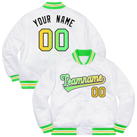 Custom White Neon Green-Black Solid Gradient Fashion Letterman Bomber Varsity Jacket