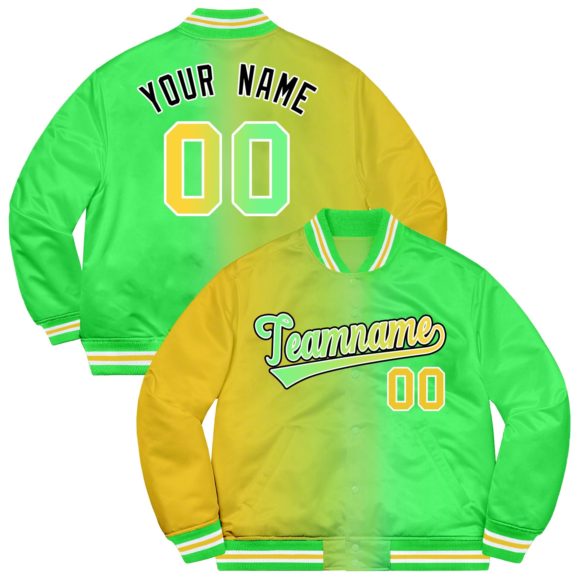 Custom Neon Green Gold-Black Two Tone Gradient Fashion Varsity Full-Snap Jacket