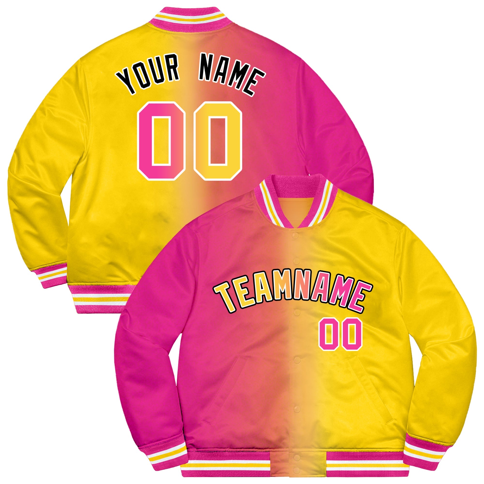 Custom Gold Pink-Black Two Tone Gradient Fashion Letterman Bomber Varsity Jacket