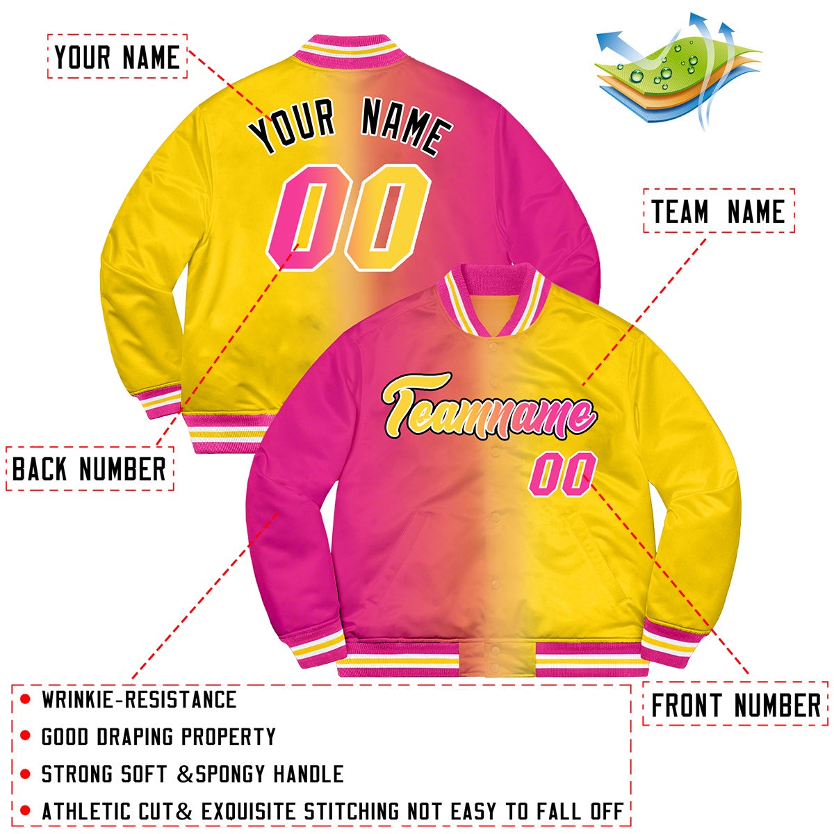 Custom Gold Pink-Black Two Tone Gradient Fashion Letterman Bomber Varsity Jacket