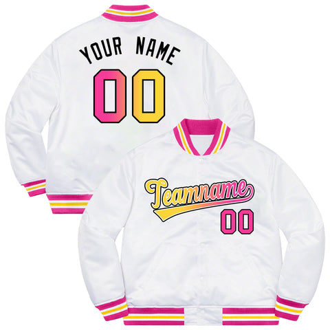 Custom White Pink-Black Solid Gradient Fashion Letterman Bomber Varsity Jacket