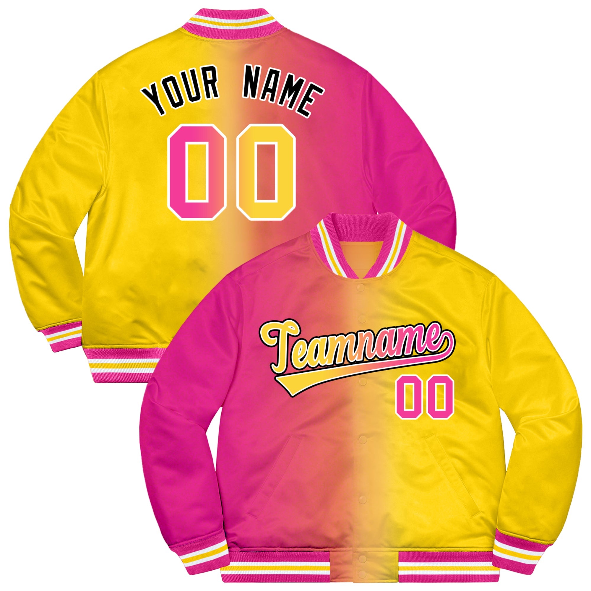 Custom Gold Pink-Black Two Tone Gradient Fashion Letterman Bomber Varsity Jacket