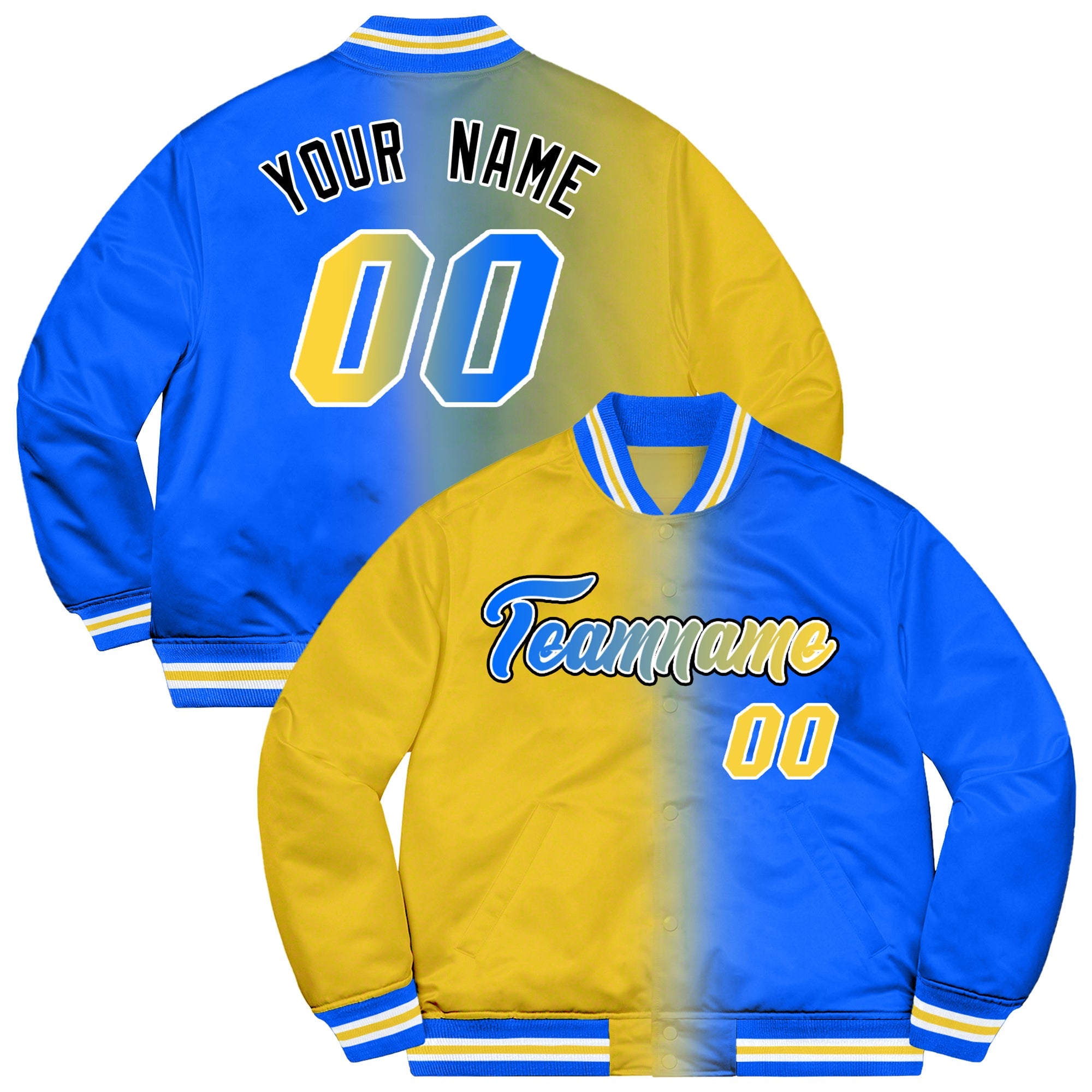 Custom Powder Blue Gold-Black Two Tone Gradient Fashion Letterman Bomber Varsity Jacket