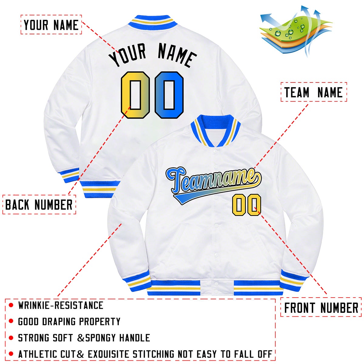 Custom White Powder Blue-Black Solid Gradient Fashion Letterman Bomber Varsity Jacket