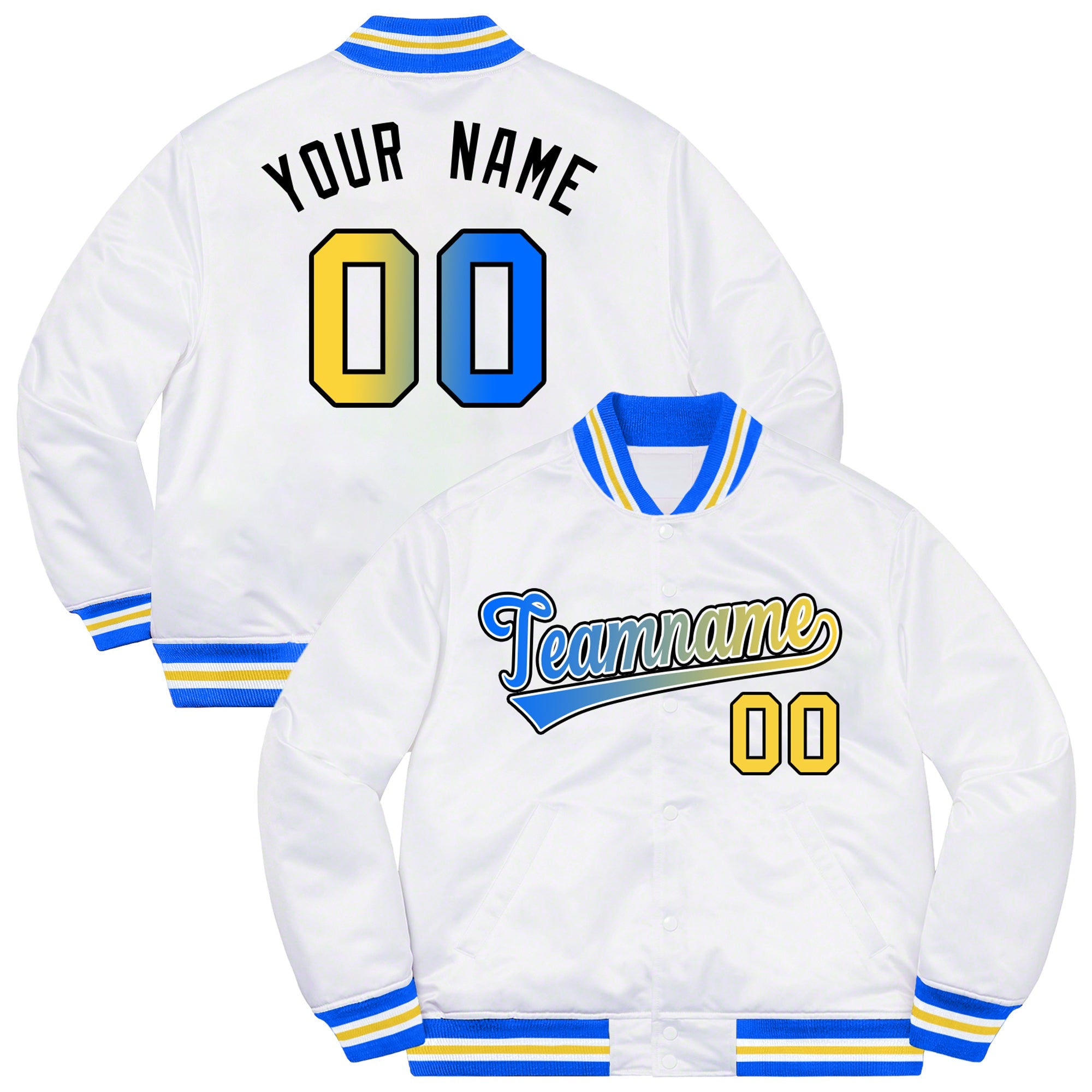 Custom White Powder Blue-Black Solid Gradient Fashion Letterman Bomber Varsity Jacket