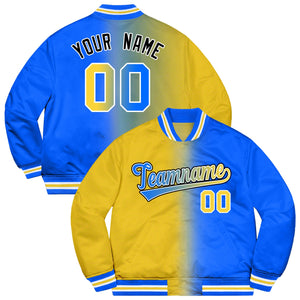 Custom Powder Blue Gold-Black Two Tone Gradient Fashion Varsity Baseball Jacket