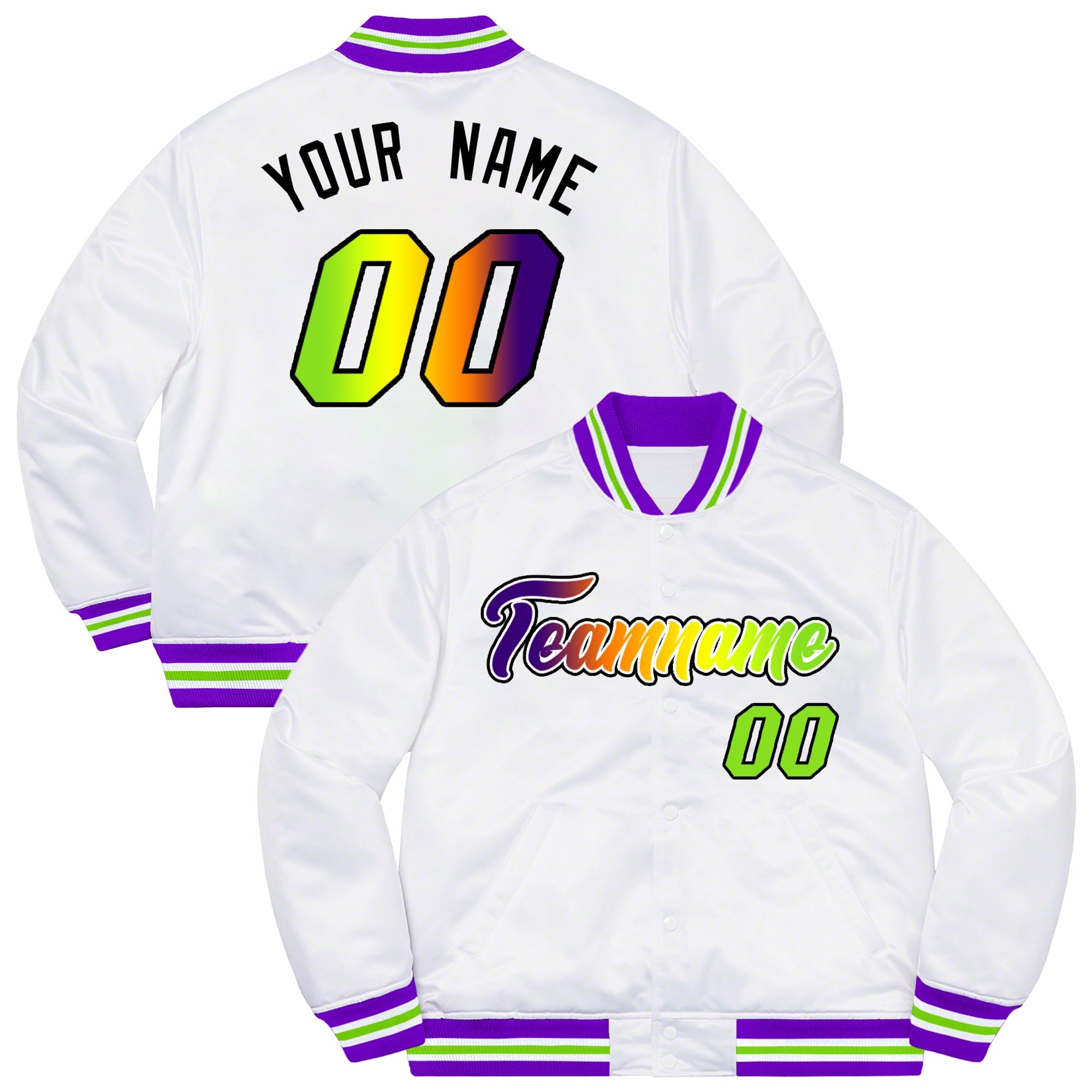 Custom White Purple-Black Solid Gradient Fashion Letterman Bomber Varsity Jacket