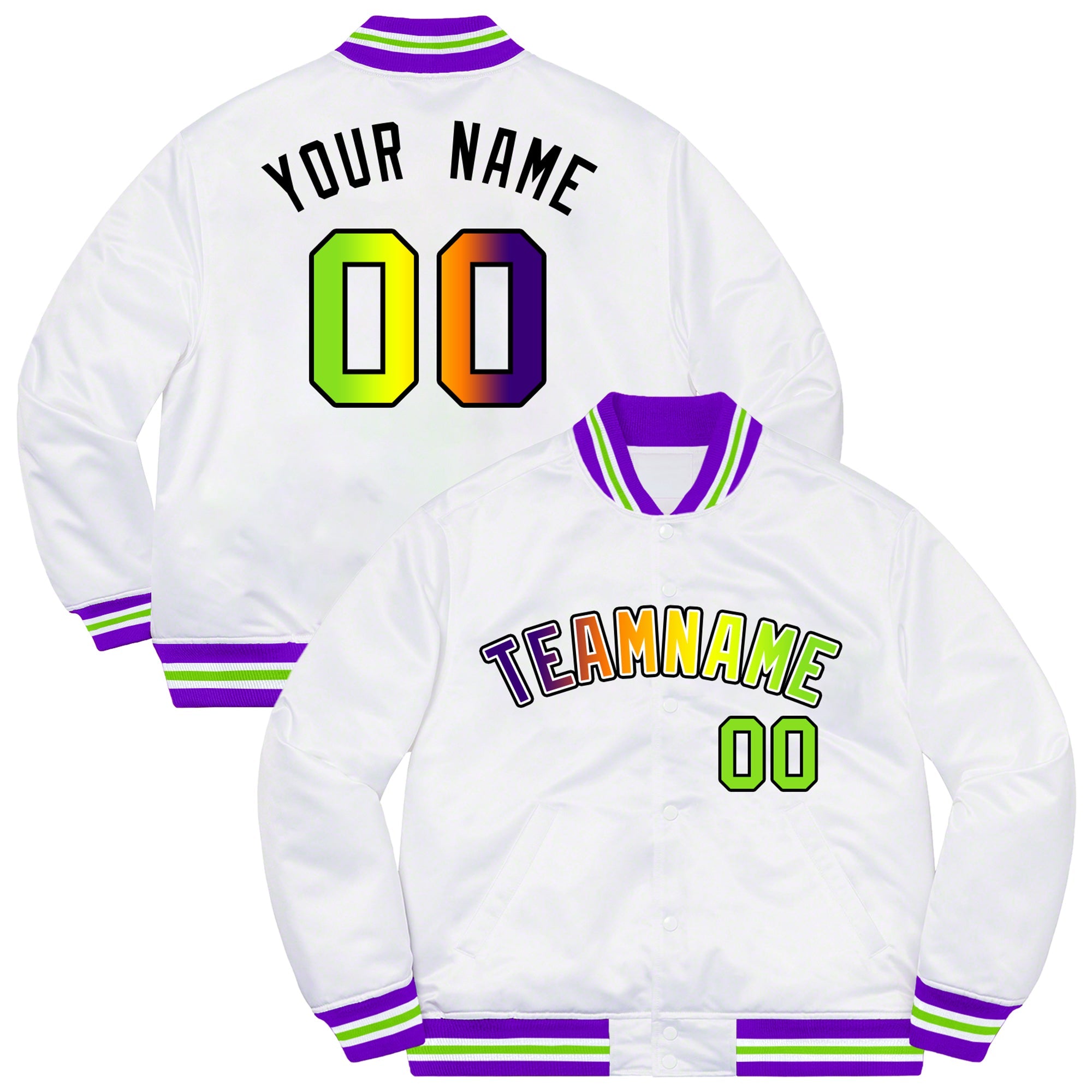 Custom White Purple-Black Solid Gradient Fashion Letterman Bomber Varsity Jacket