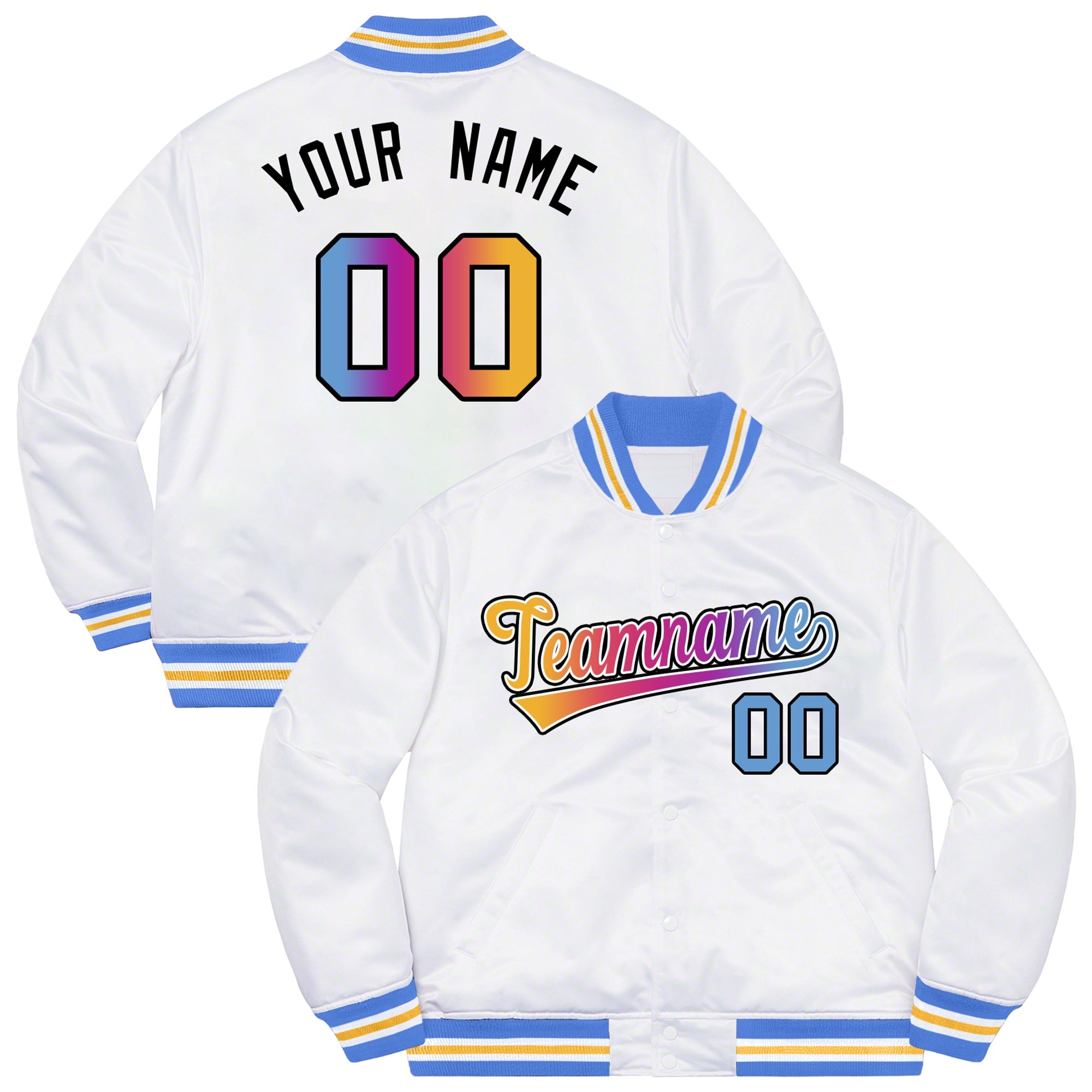 Custom White Powder Blue-Black Gradient Fashion Letterman Bomber Varsity Jacket