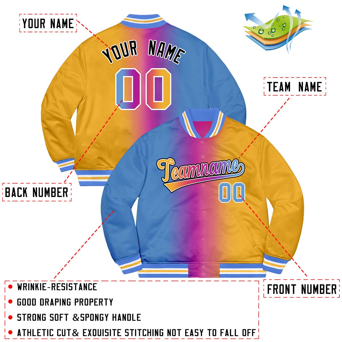 Custom Gold Powder Blue-Black Two Tone Gradient Fashion Letterman Bomber Varsity Jacket