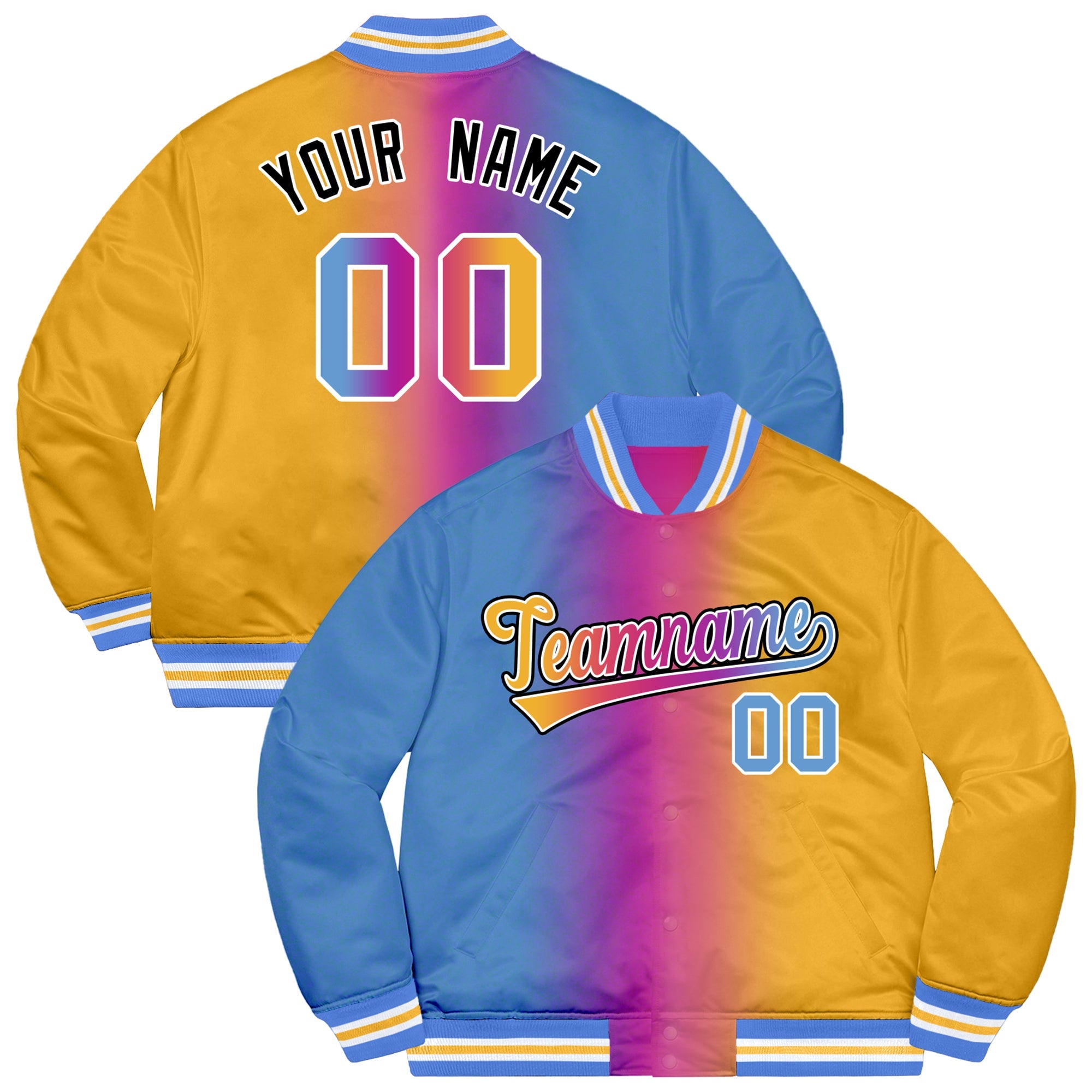 Custom Gold Powder Blue-Black Two Tone Gradient Fashion Letterman Bomber Varsity Jacket