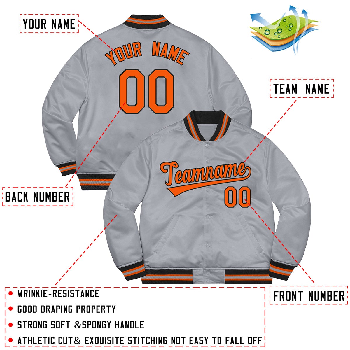 Custom Gray Orange-Black Letterman Solider Classic Style Varsity Full-Snap Jacket