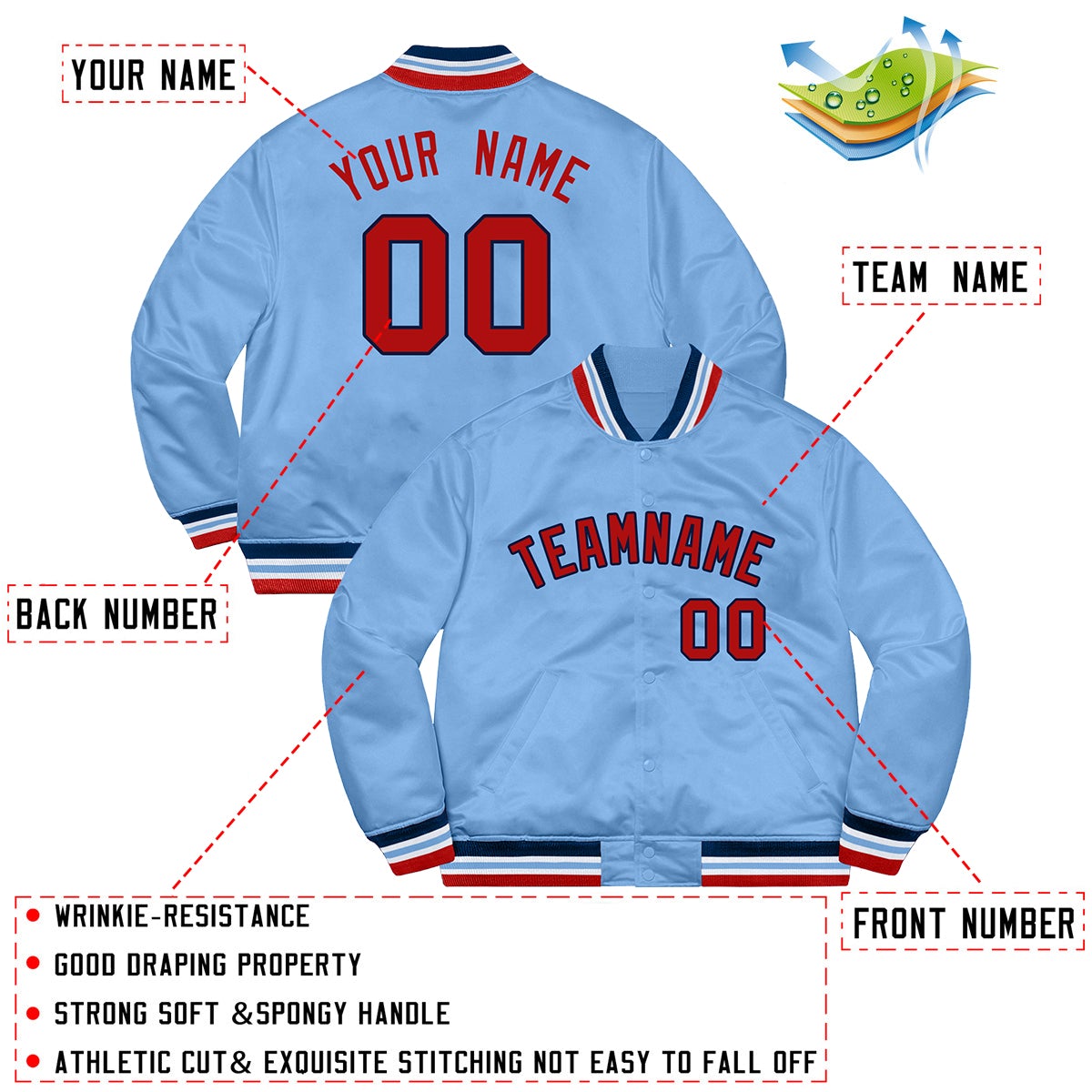 Custom Light Blue Scarlet-Navy Letterman Solider Classic Style Varsity Full-Snap Jacket