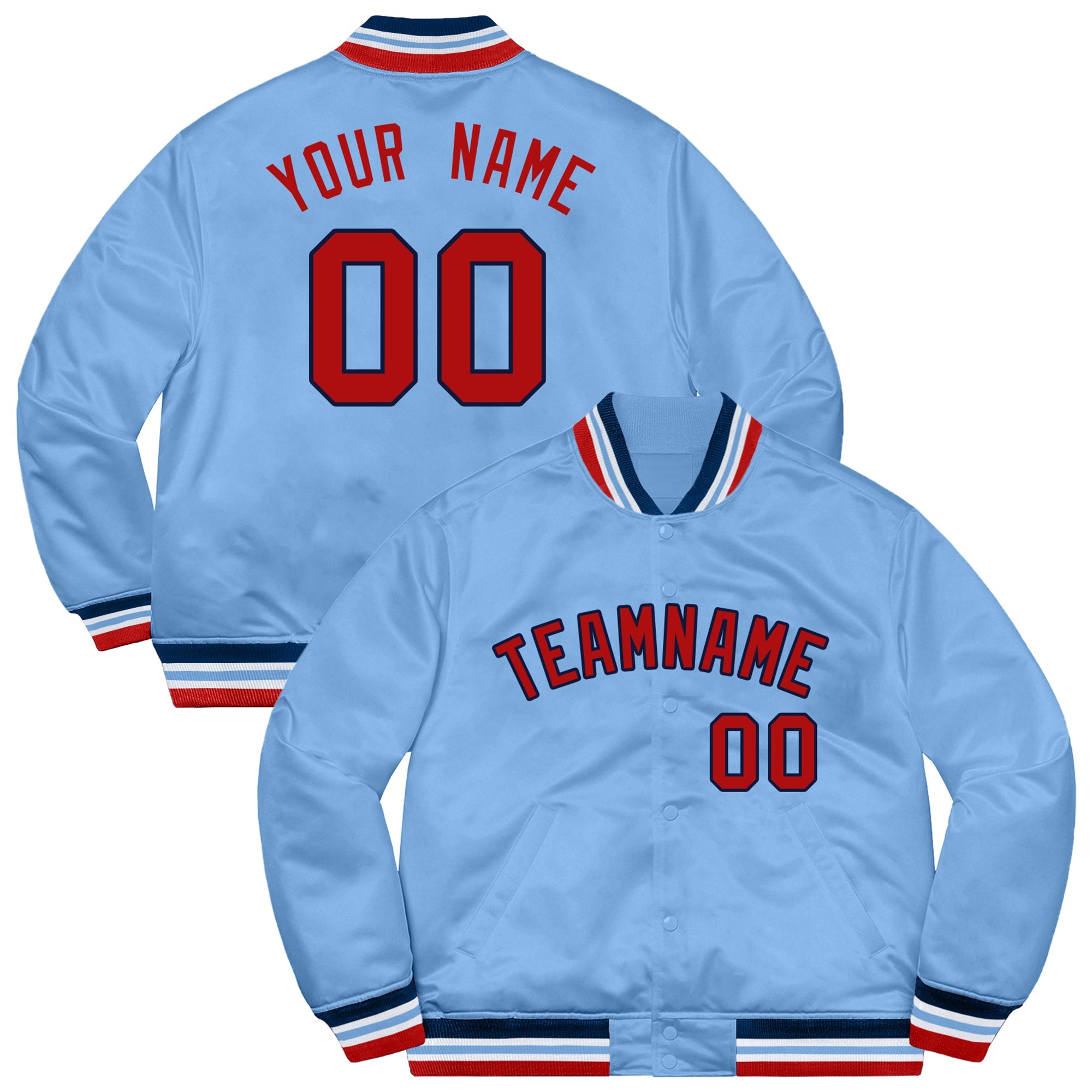 Custom Light Blue Scarlet-Navy Letterman Solider Classic Style Varsity Full-Snap Jacket