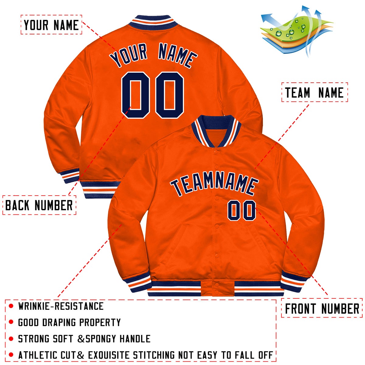 Custom Orange Navy-White Letterman Solider Classic Style Varsity Full-Snap Jacket